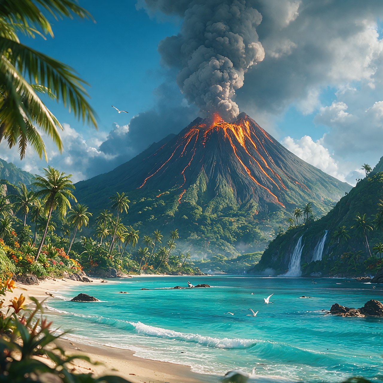 Volcanic Eruption on a Tropical Island - Wallpapers for Lenovo, Huawei in 1280x1280 resolution