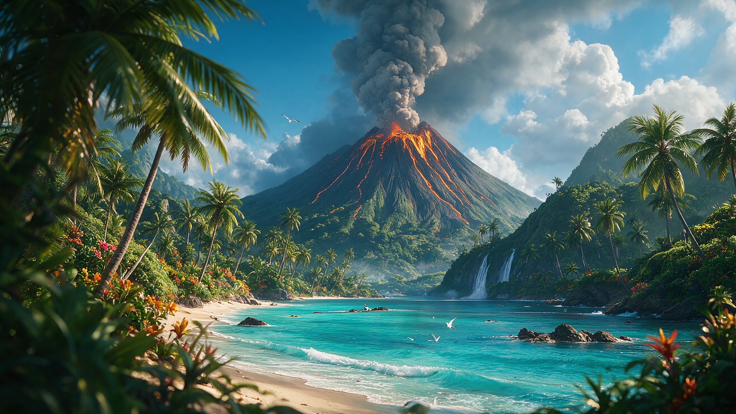 Volcanic Eruption on a Tropical Island - 2K Quad HD wallpapers in 2560x1440 resolution