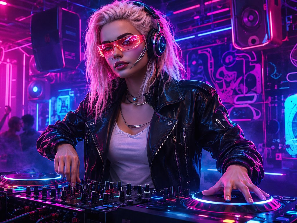 Blonde DJ at a Neon Club Console - XVGA wallpapers in 1024x768 resolution