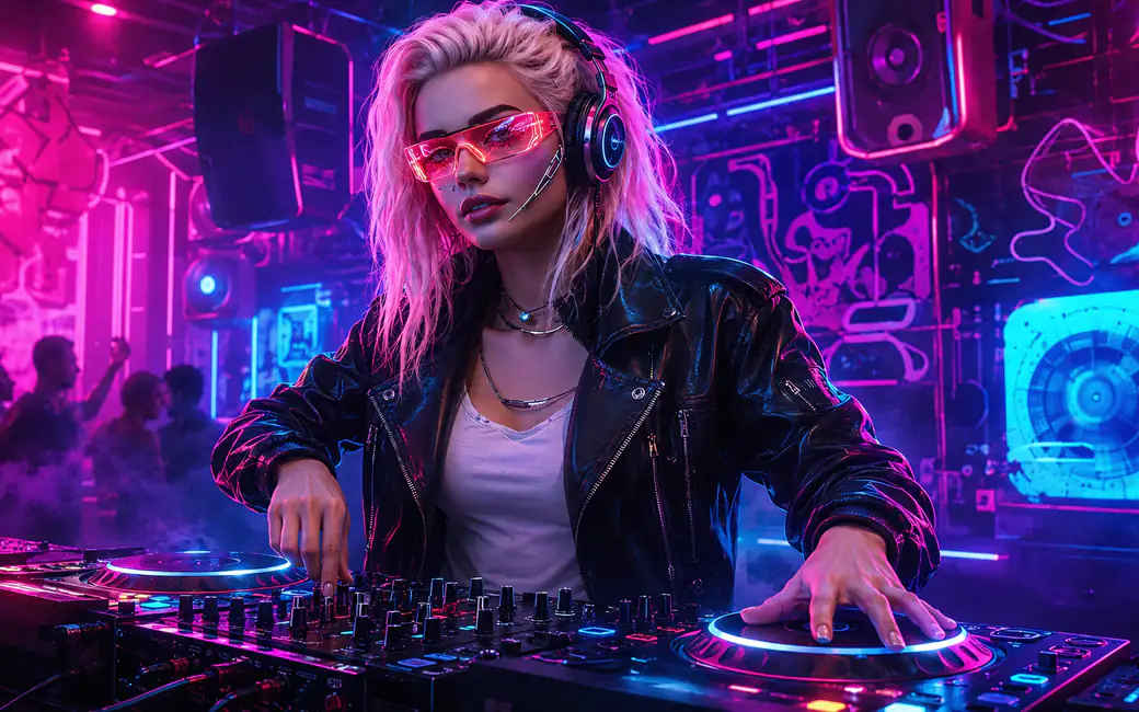 Blonde DJ at a Neon Club Console — desktop and phone wallpaper, free download
