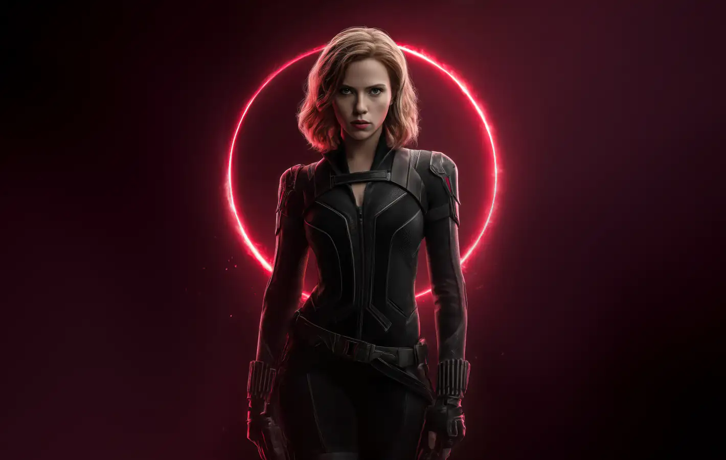Black Widow Before a Neon Ring — desktop and phone wallpaper, free download