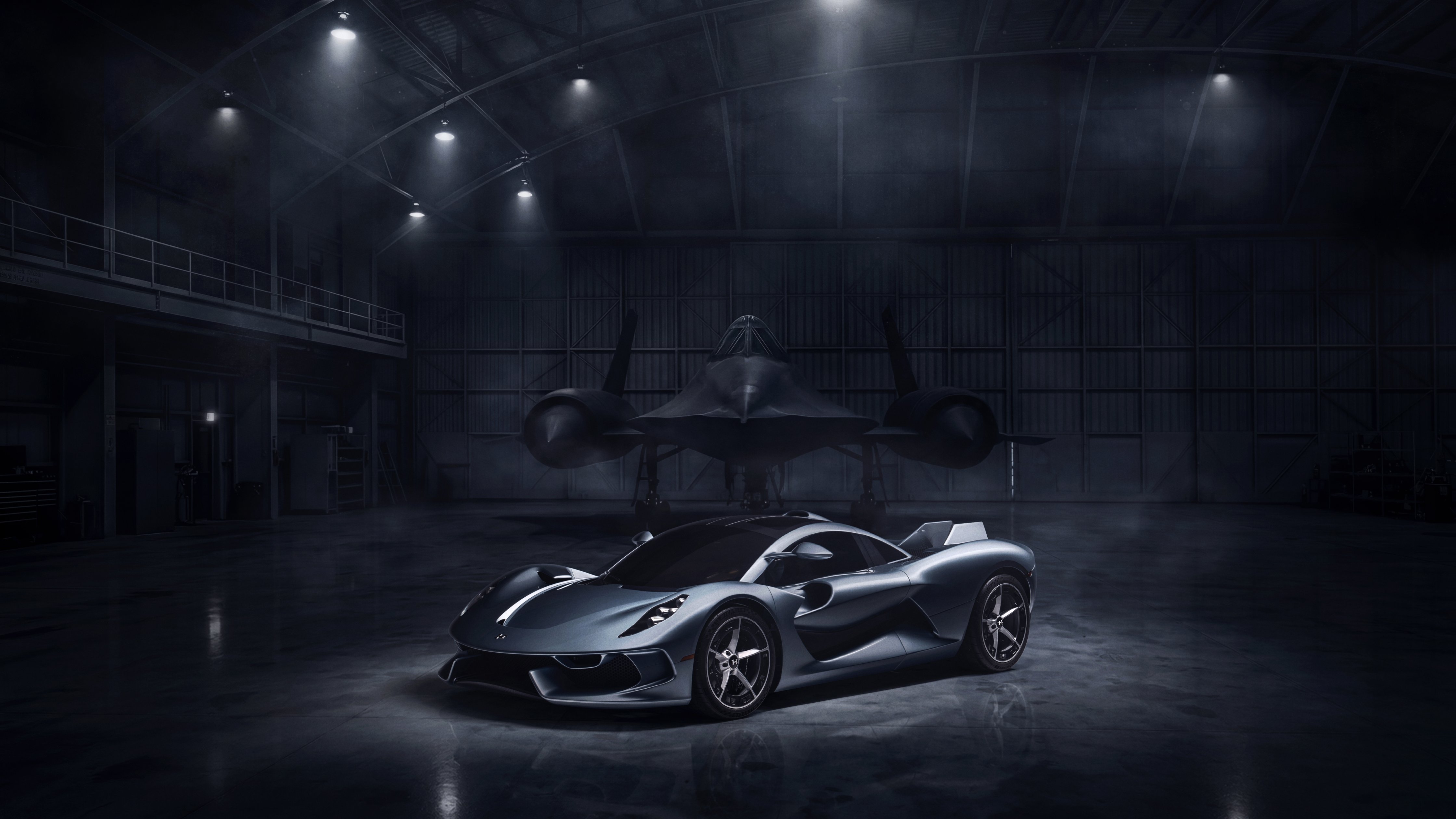 Hennessey Blackbird and Lockheed SR-71 hypercar - Wallpapers for Apple iMac 24″ in 4480x2520 resolution