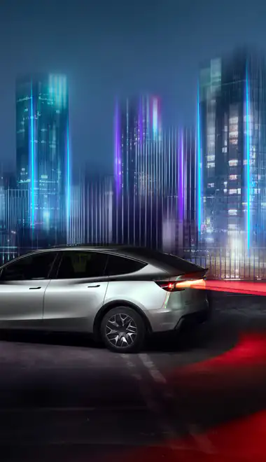 Wallpapers for Samsung (360x740): Tesla Model Y, China, Guangzhou, skyscrapers