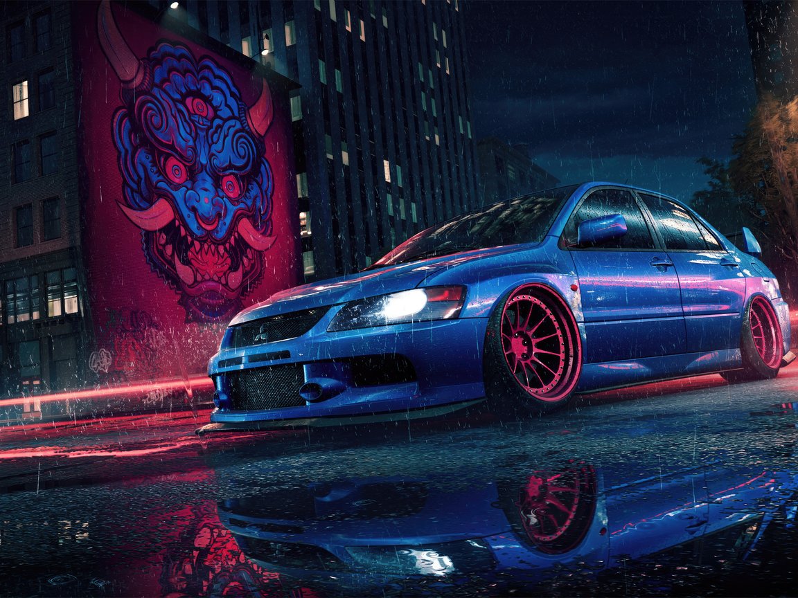 Blue Mitsubishi Lancer Evolution at night - XGA+ wallpapers in 1152x864 resolution