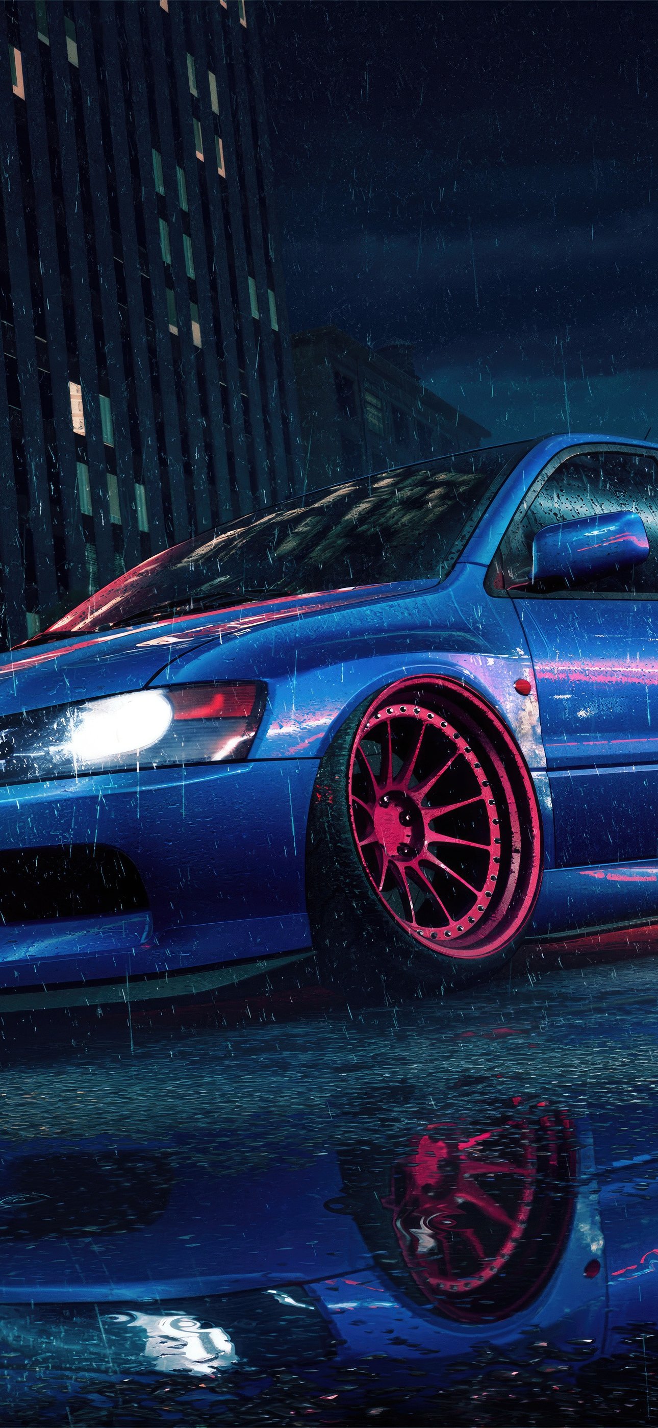 Синий Mitsubishi Lancer Evolution ночью - Обои для iPhone 15 Pro Max/14 Pro Max в разрешении 1290x2796