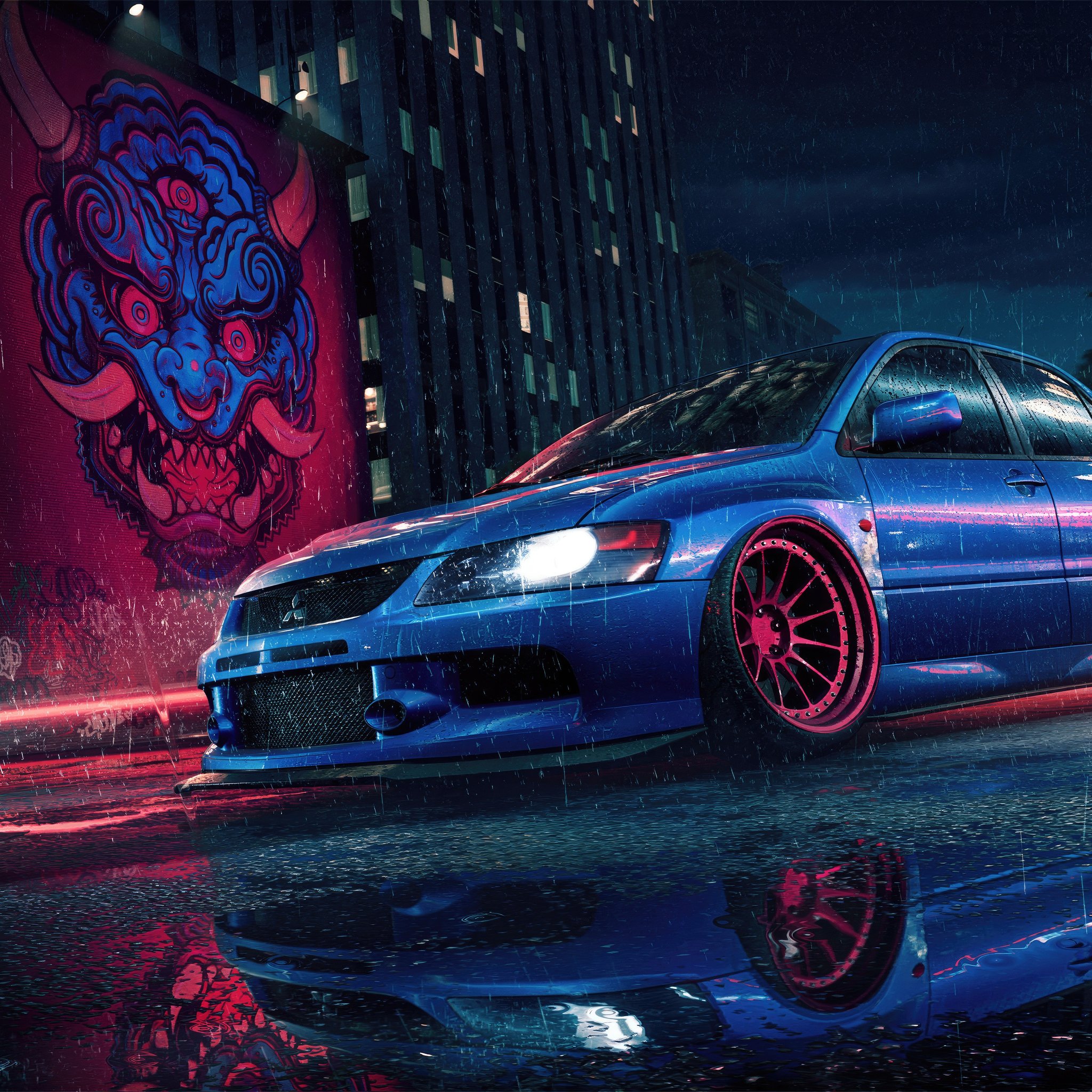 Blue Mitsubishi Lancer Evolution at night - Wallpapers for iPad Retina in 2048x2048 resolution