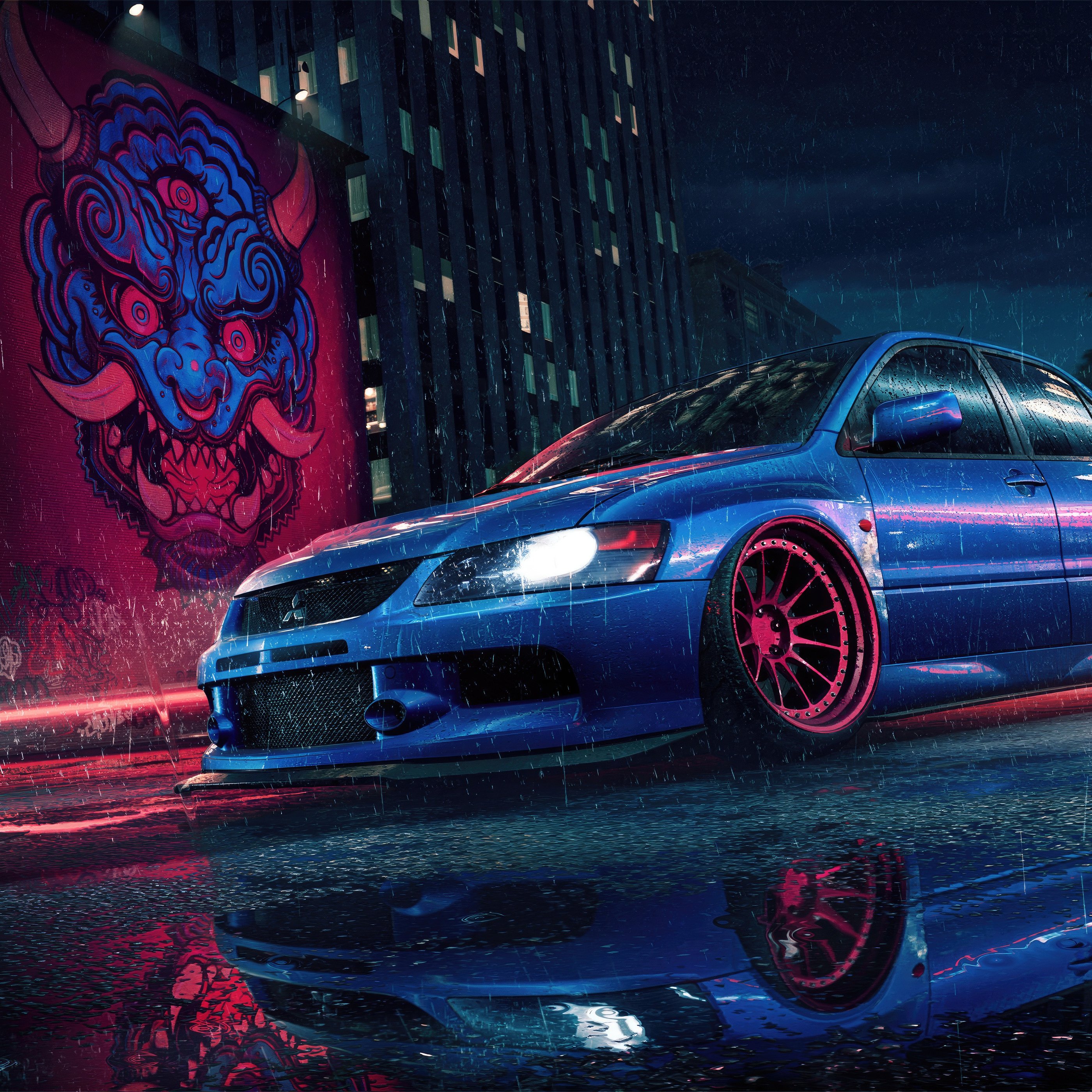 Синий Mitsubishi Lancer Evolution ночью - Обои для Samsung Galaxy Tab S9+ в разрешении 2800x2800