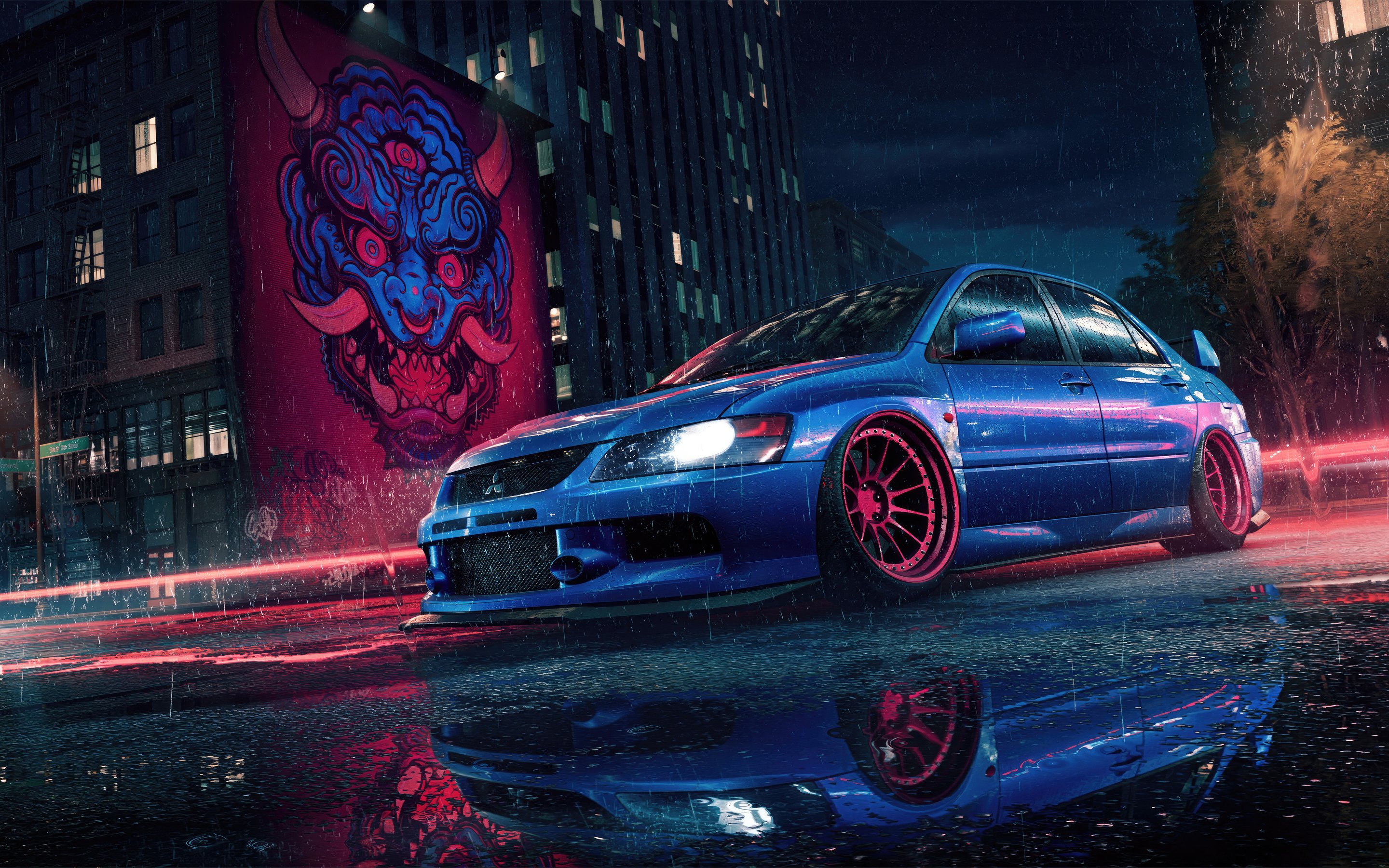 Синий Mitsubishi Lancer Evolution ночью - Обои для Apple MacBook 15″ в разрешении 2880x1800