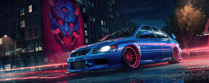 UltraWide 32:9 обои (3840x1080): Mitsubishi Lancer Evolution, кастомизация, небоскрёбы, улица