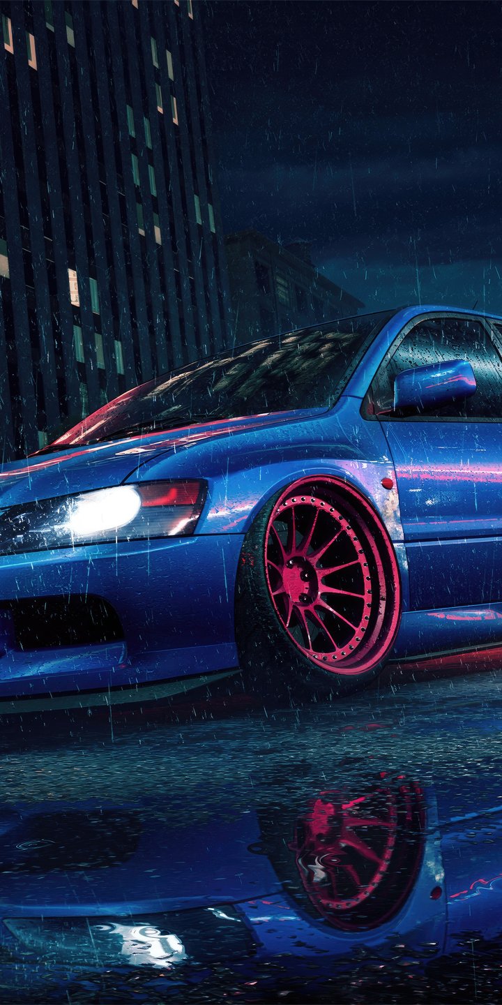 Синий Mitsubishi Lancer Evolution ночью - Обои для Samsung Galaxy A03s, Xiaomi Redmi 7A, POCO C3 в разрешении 720x1440