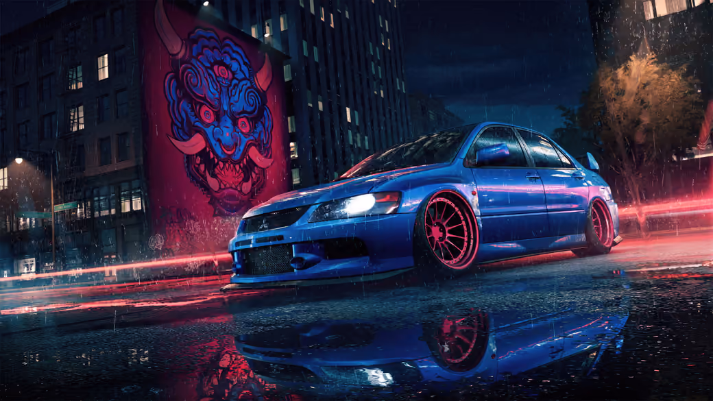 Blue Mitsubishi Lancer Evolution at night - Wallpapers for Samsung Galaxy Tab in 1920x1920 resolution