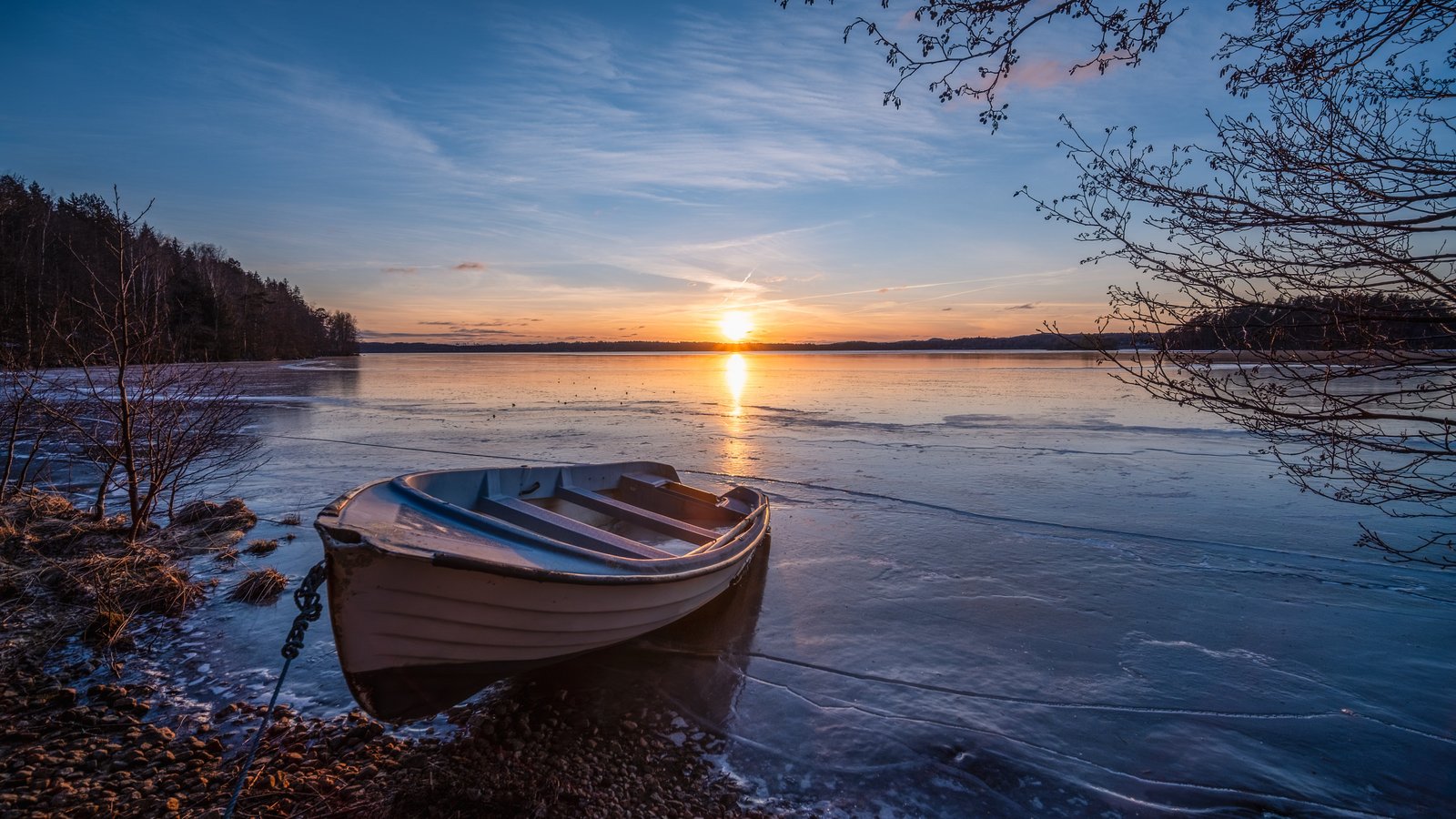 Boat by a Forest Lake at Sunset - wXGA++ wallpapers in 1600x900 resolution