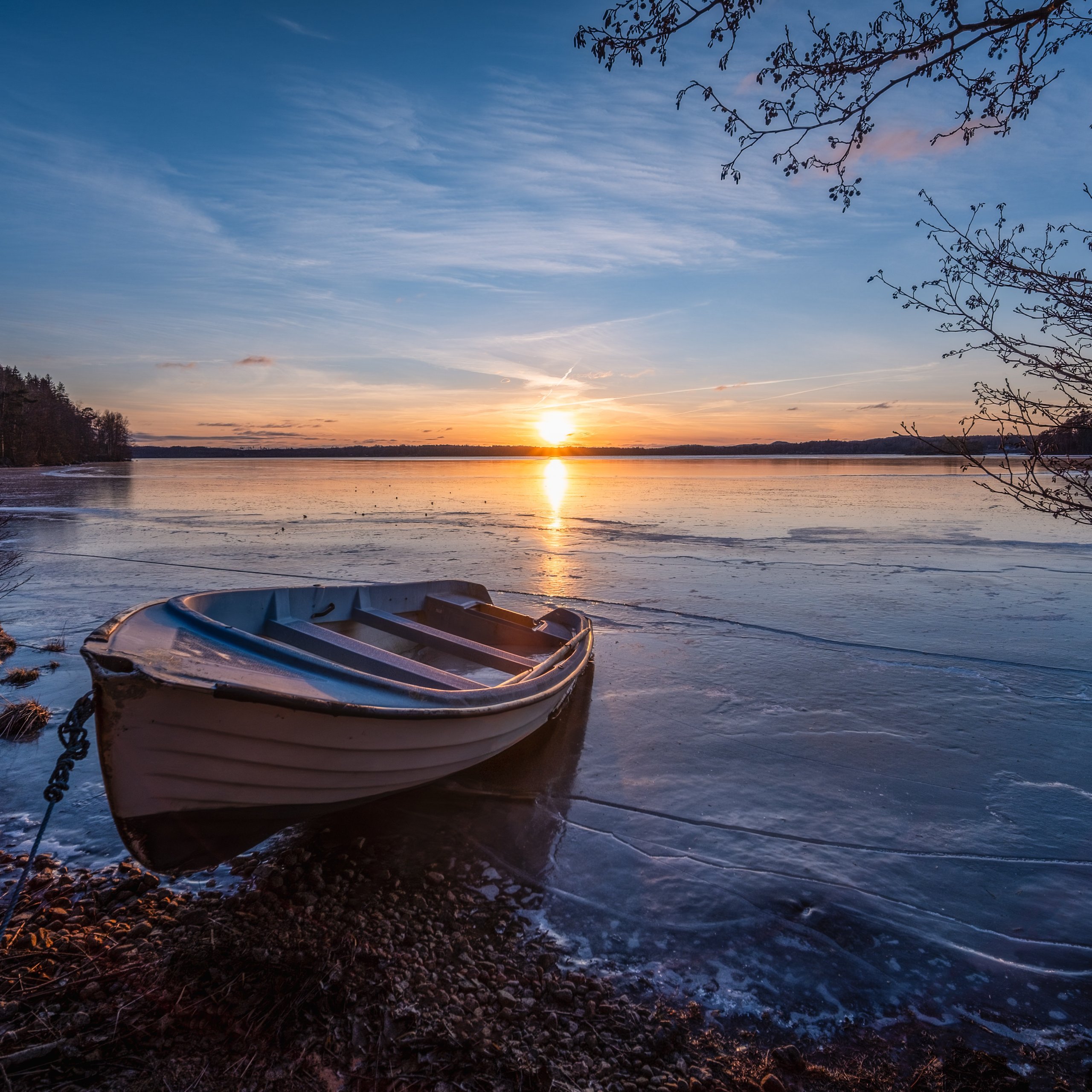 Boat by a Forest Lake at Sunset - Wallpapers for Samsung Galaxy Tab S9 FE+/Tab S11, Xiaomi Pad 5, Redmi Pad 2 Pro, POCO Pad in 2560x2560 resolution