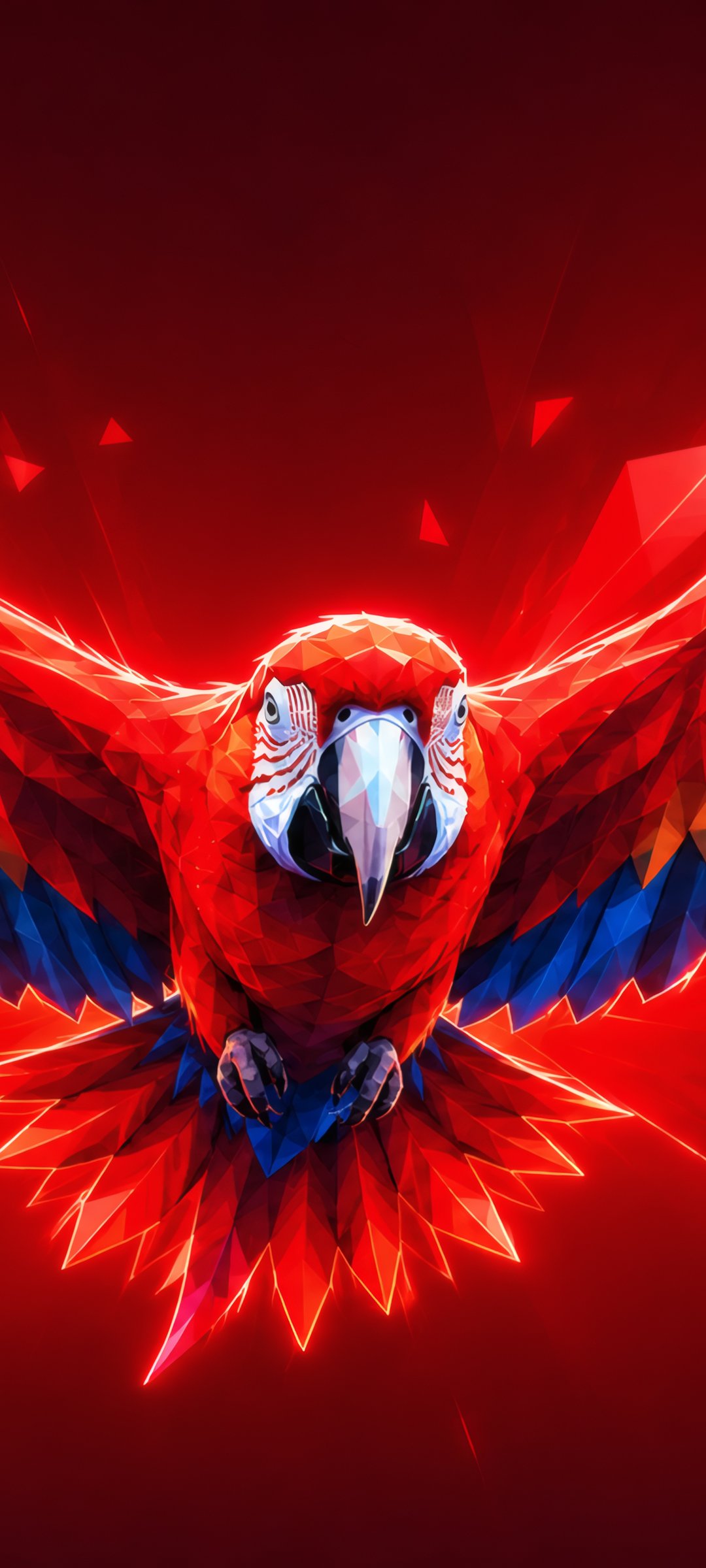 Low-Poly Macaw in Flight - Wallpapers for Samsung Galaxy M55, POCO M4/X4/X5, Xiaomi Redmi 12/13/Note 13/Note 14/Note 14S in 1080x2400 resolution