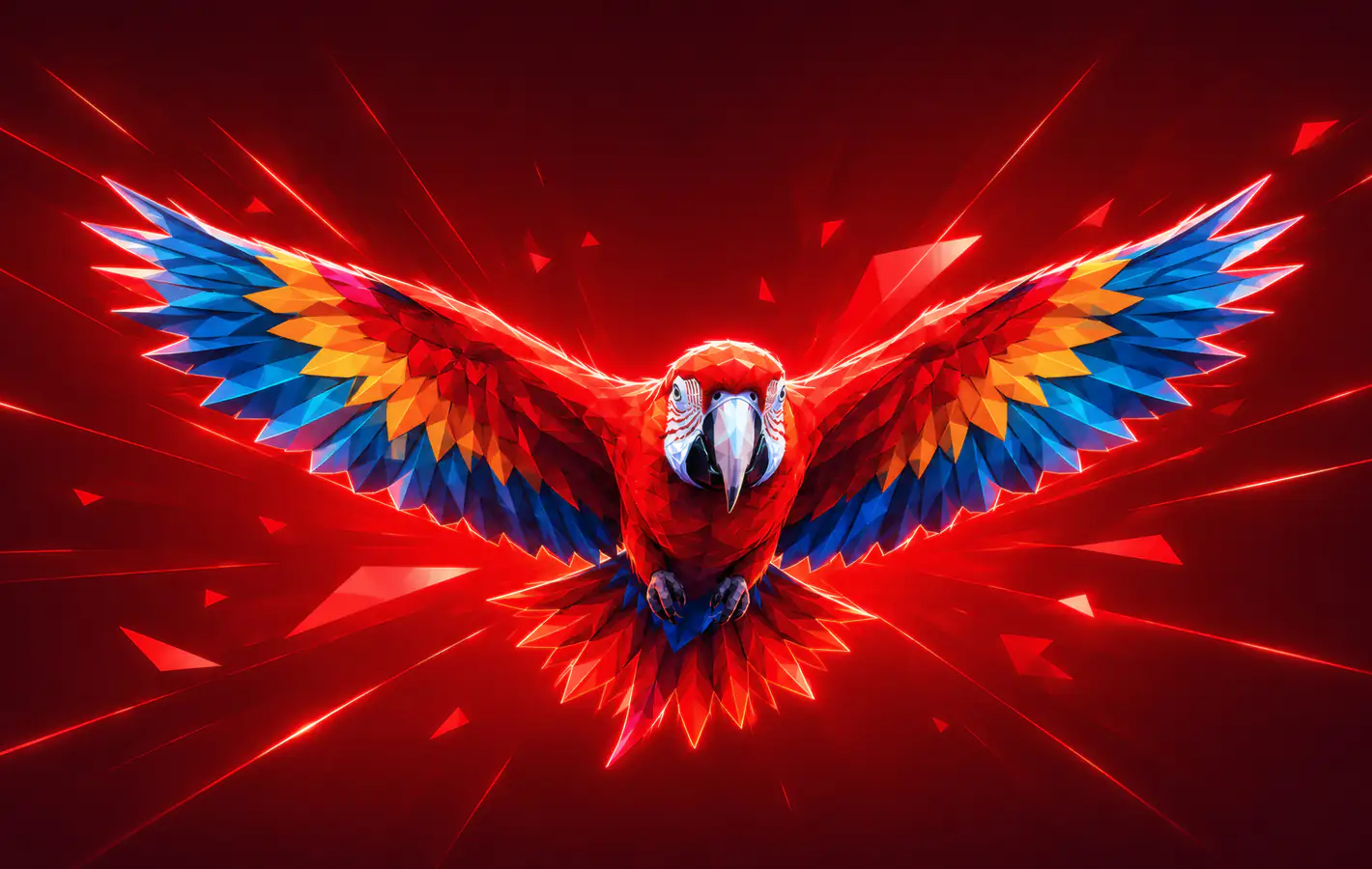 Low-Poly Macaw in Flight — desktop and phone wallpaper, free download