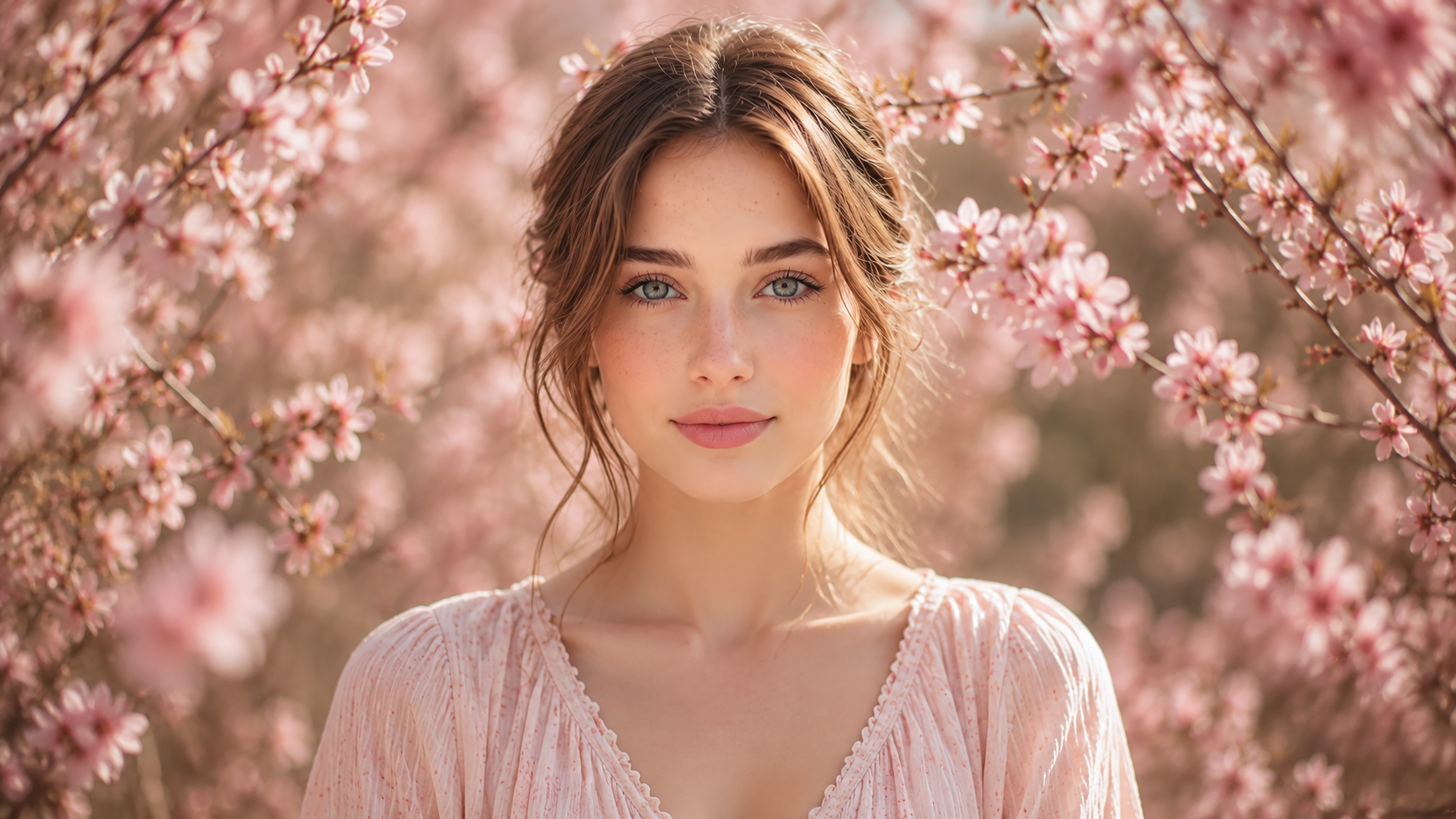 Cute girl in a spring garden among flowers - Wallpapers for Apple iMac 24″ in 4480x2520 resolution
