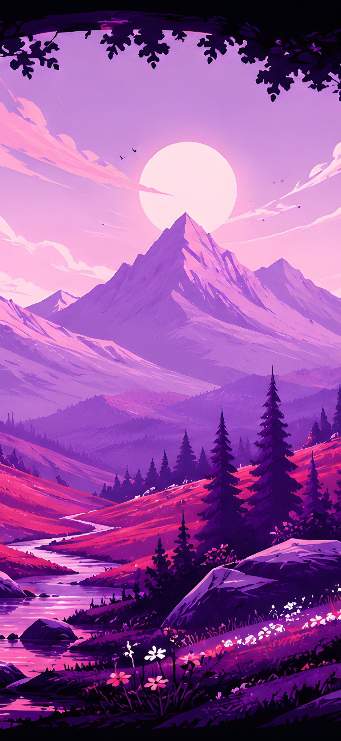 Fabulous mountain valley in a purple sunset - Wallpapers for iPhone 14 Pro/15 Pro in 1179x2556 resolution