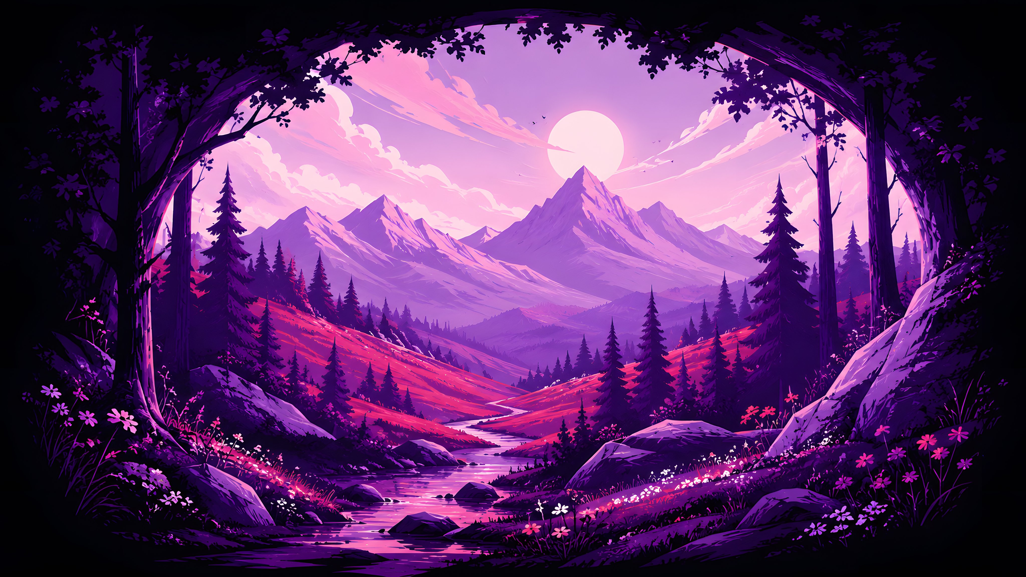Fabulous mountain valley in a purple sunset - Wallpapers for Apple iMac 21.5″ in 4096x2304 resolution