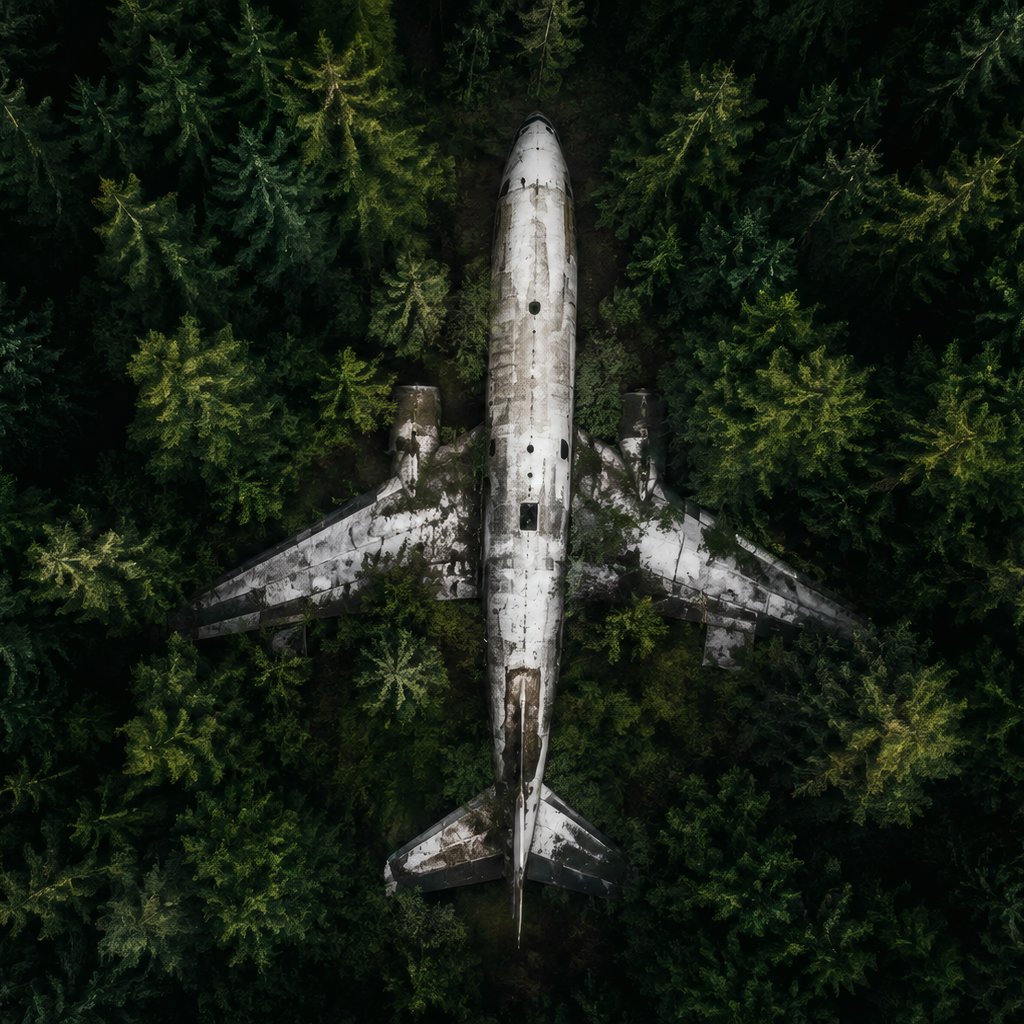 Abandoned plane in a dense forest - Wallpapers for Apple iPad 1 in 1024x1024 resolution