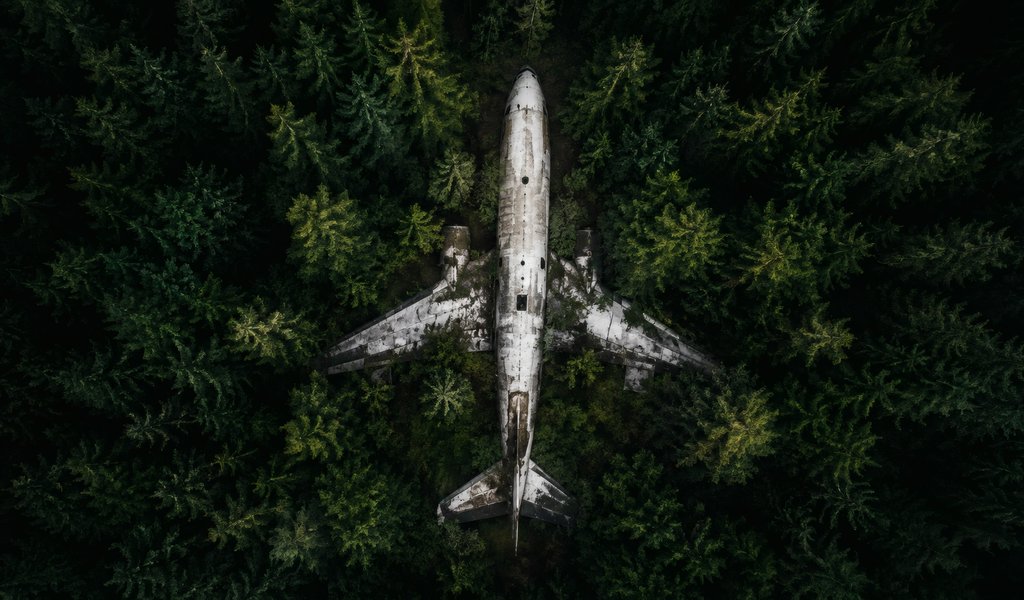 Abandoned plane in a dense forest - WSVGA wallpapers in 1024x600 resolution