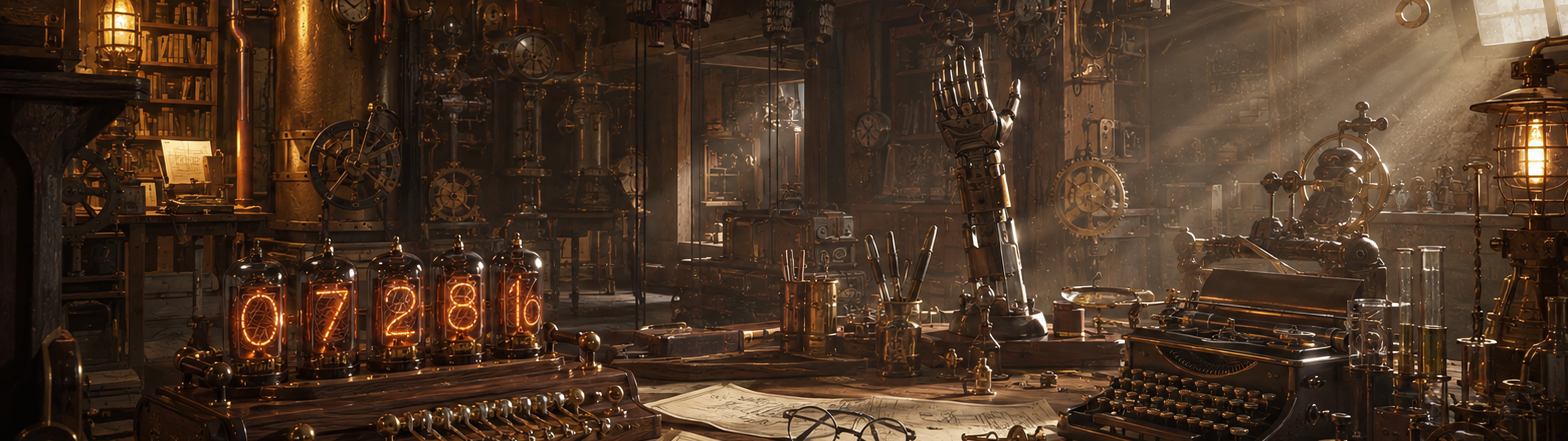 Стимпанк мастерская с винтажными инструментами - UltraWide 32:9 обои в разрешении 5120x1440