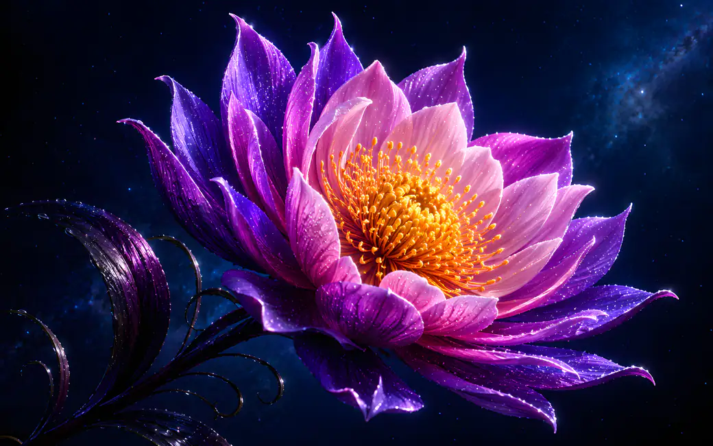 Glowing Lotus Flower in Galaxy Night — desktop and phone wallpaper, free download