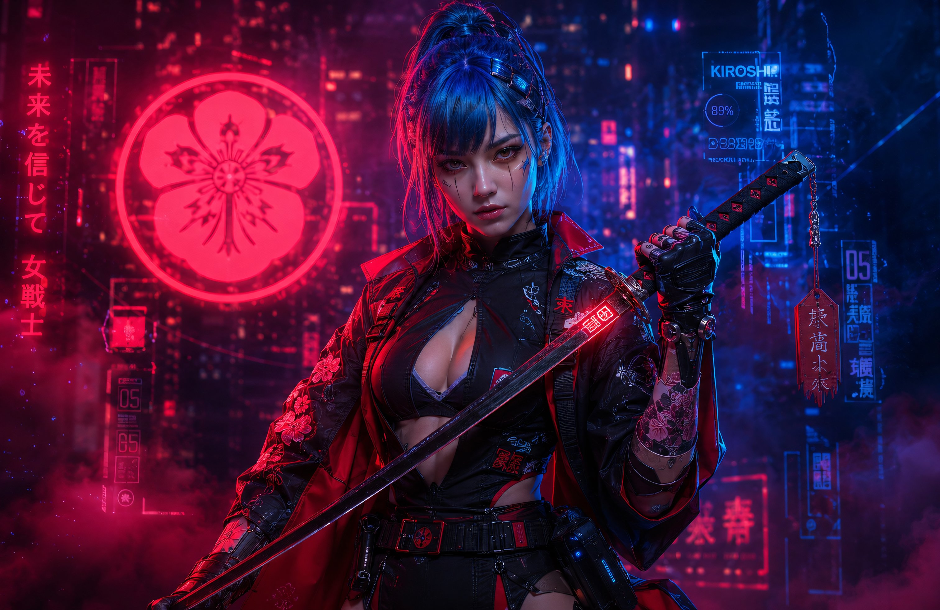 Cyberpunk warrior with a katana in a megalopolis - Wallpapers for Apple MacBook 14.2″ in 3024x1964 resolution