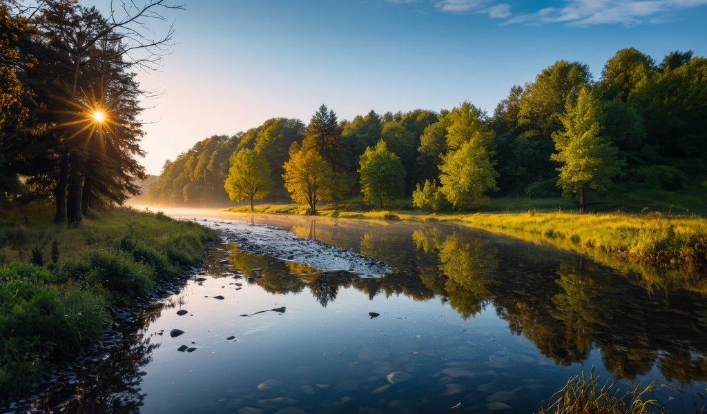River in Germany at summer dawn - WSVGA wallpapers in 1024x600 resolution