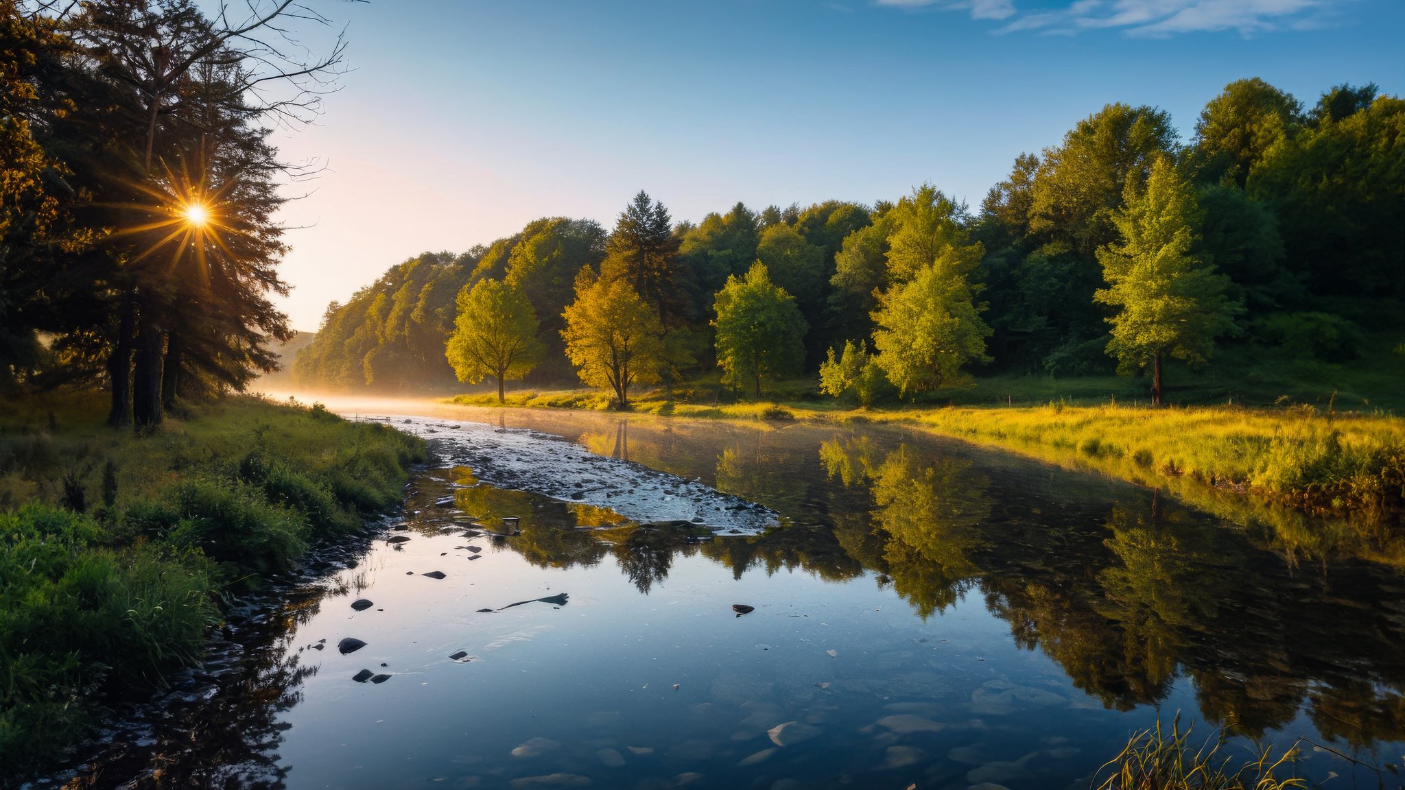 River in Germany at summer dawn - QWXGA wallpapers in 2048x1152 resolution