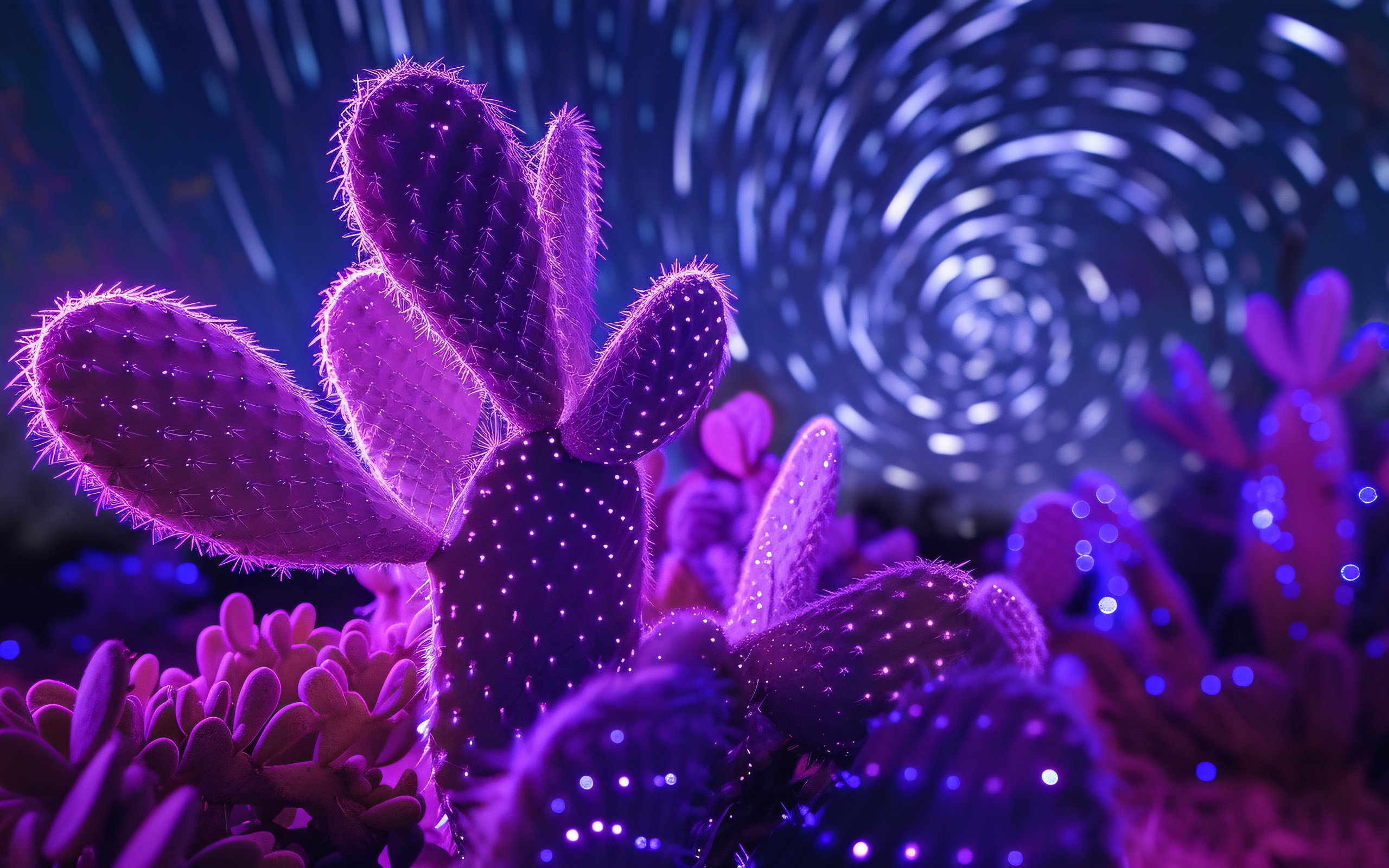 Neon Cactus Amid Night Light Trails - WQXGA and for Apple MacBook Air 13 wallpapers in 2560x1600 resolution
