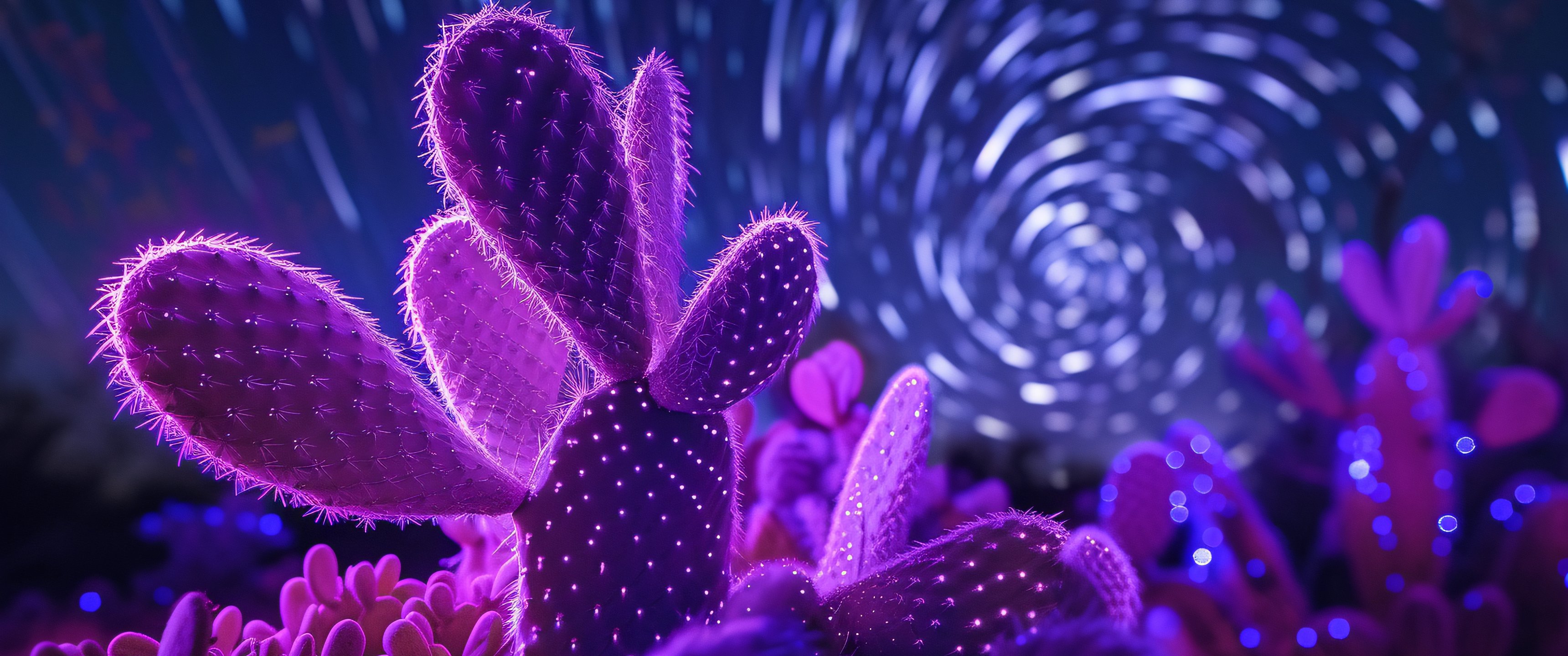 Neon Cactus Amid Night Light Trails - UltraWide 21:9 wallpapers in 3440x1440 resolution