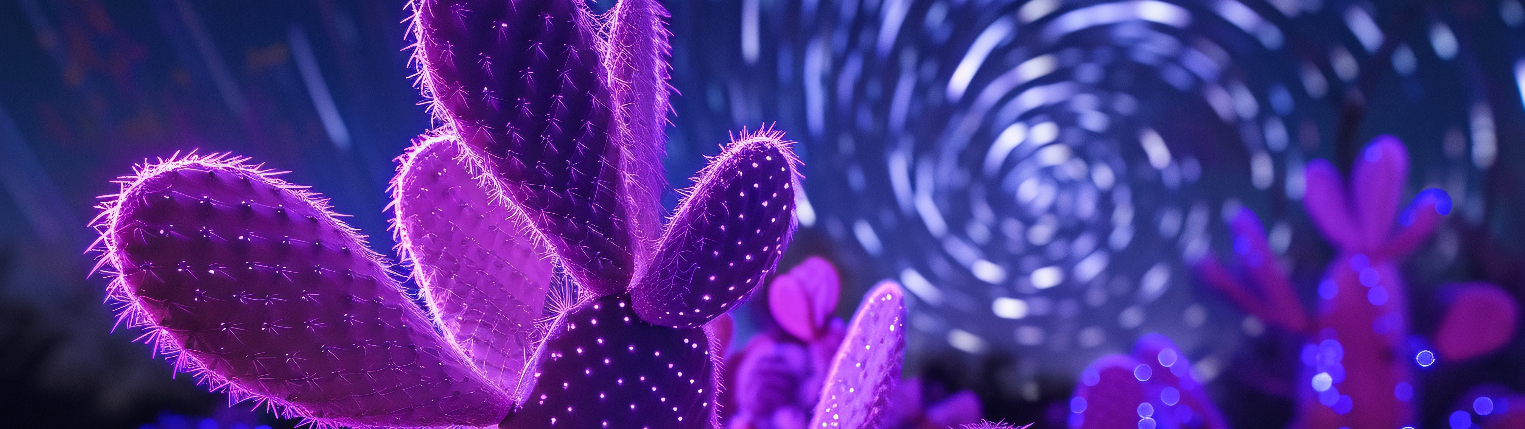 Neon Cactus Amid Night Light Trails - UltraWide 32:9 wallpapers in 5120x1440 resolution