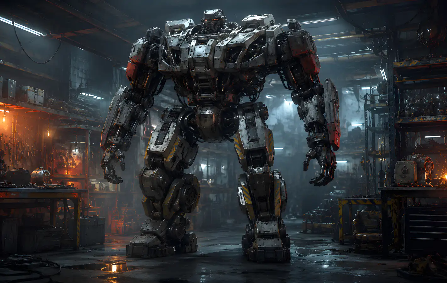 Big robot in a ghetto workshop — desktop and phone wallpaper, free download