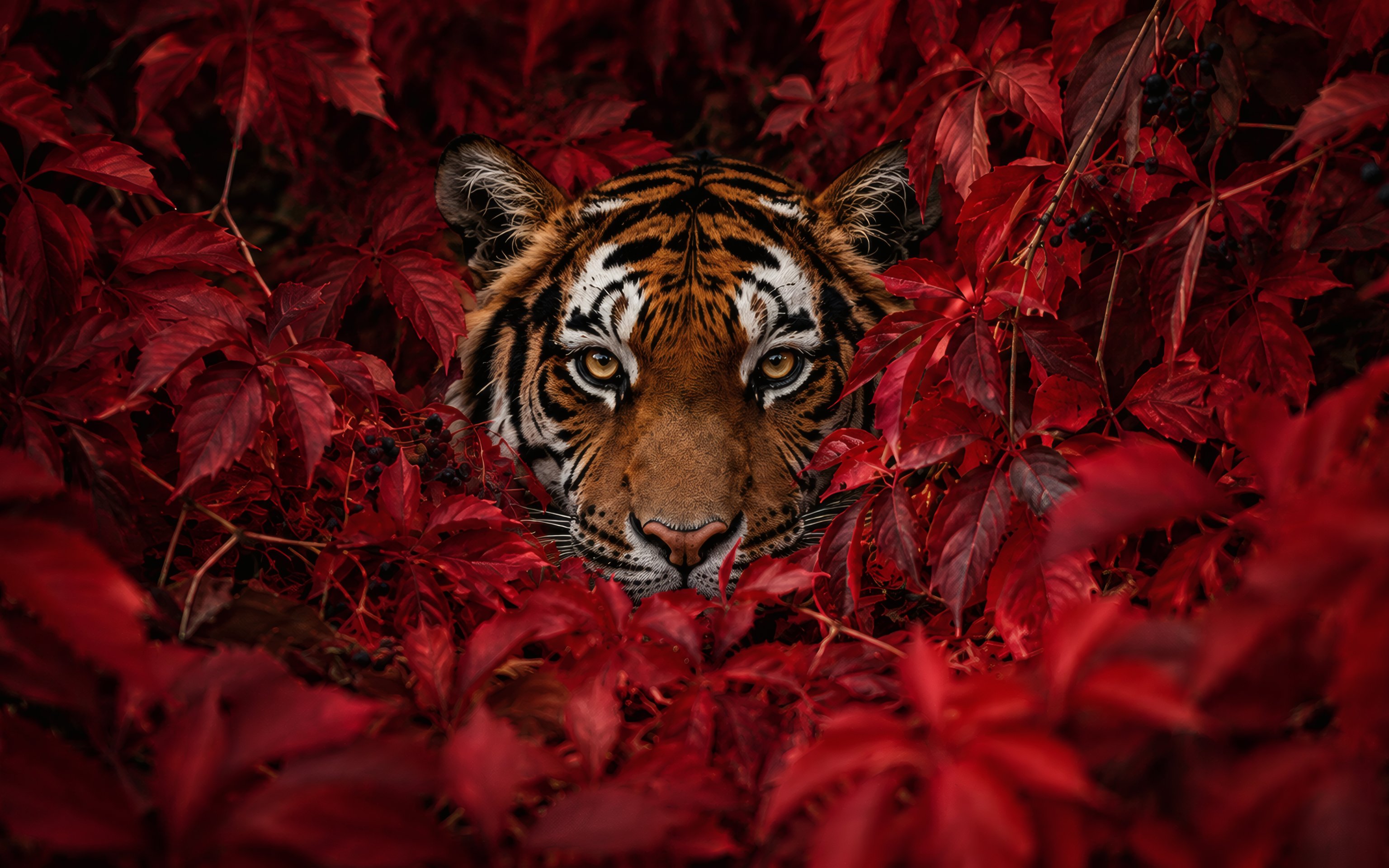 Tiger Hidden Among Autumn Leaves - Wallpapers for Apple MacBook 16″ in 3072x1920 resolution