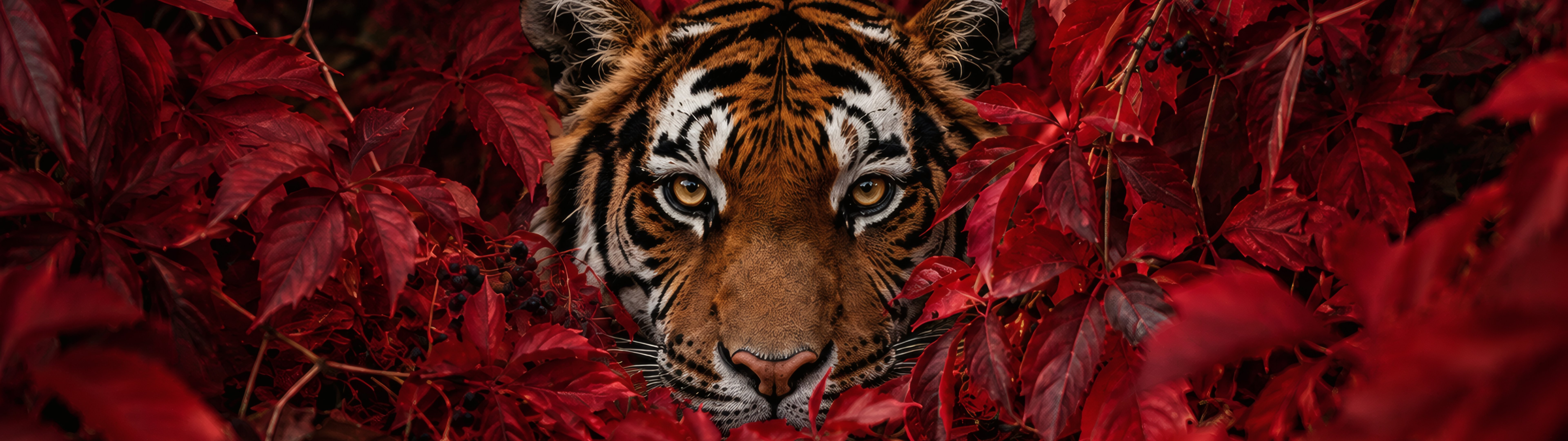 Tiger Hidden Among Autumn Leaves - Dual Monitor Wallpapers in 7680x2160 resolution
