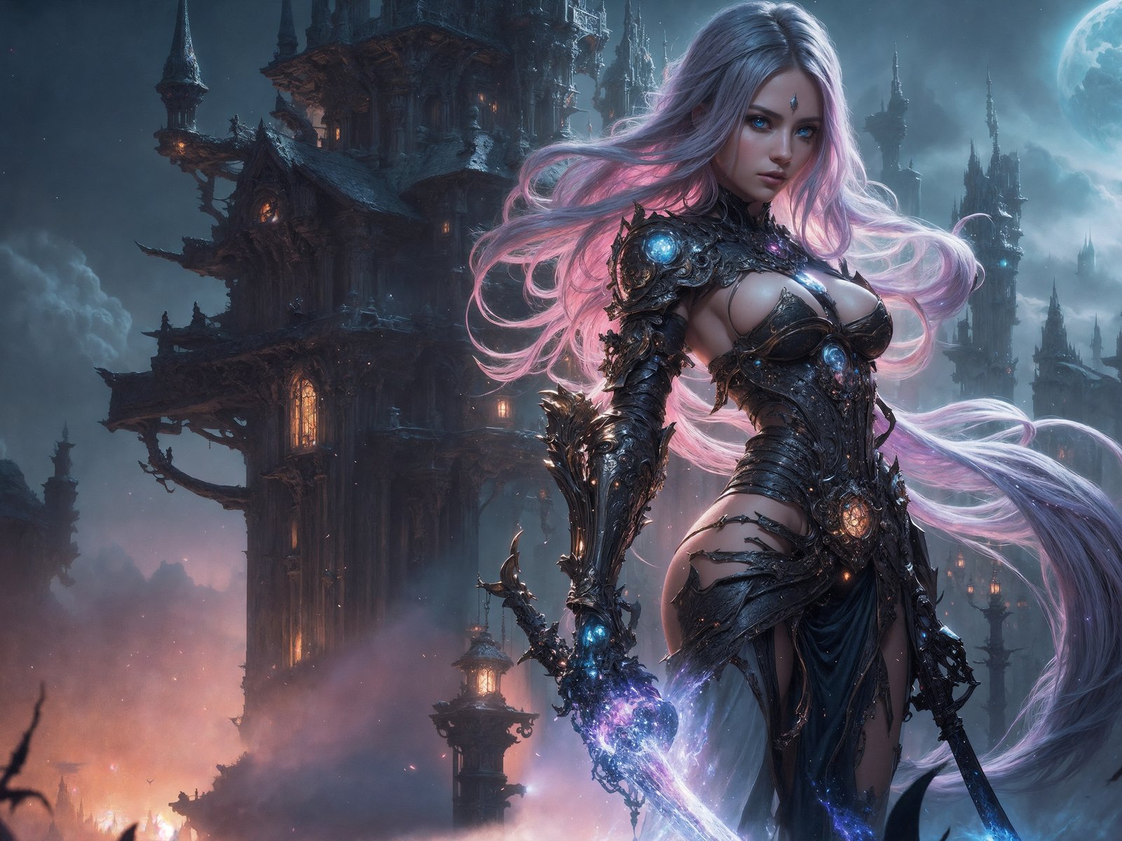 Fantasy Warrior Before a Moonlit Castle - UXGA wallpapers in 1600x1200 resolution