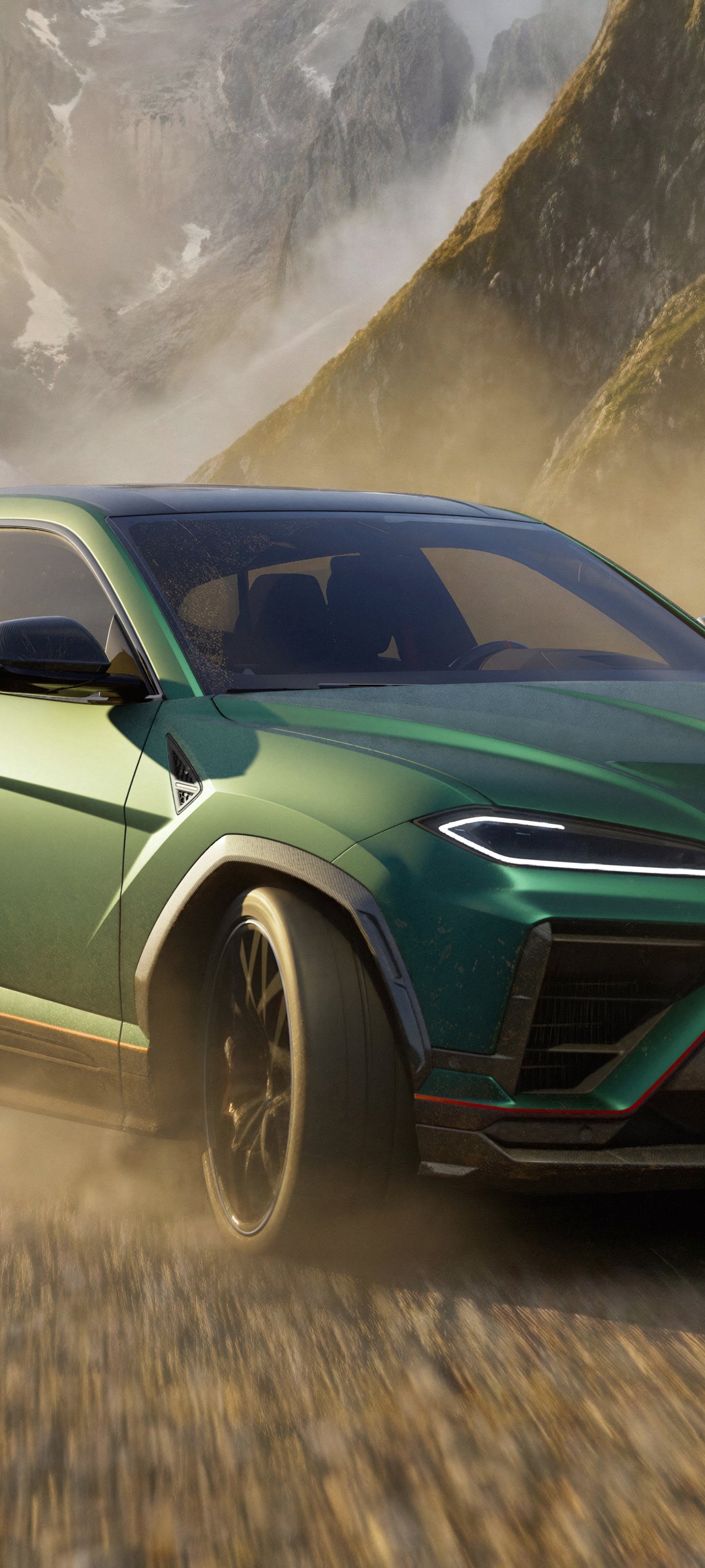 Зелёный Lamborghini Urus SE в горах - Обои для Samsung Galaxy M55, POCO M4/X4/X5, Xiaomi Redmi 12/13/Note 13/Note 14/Note 14S в разрешении 1080x2400