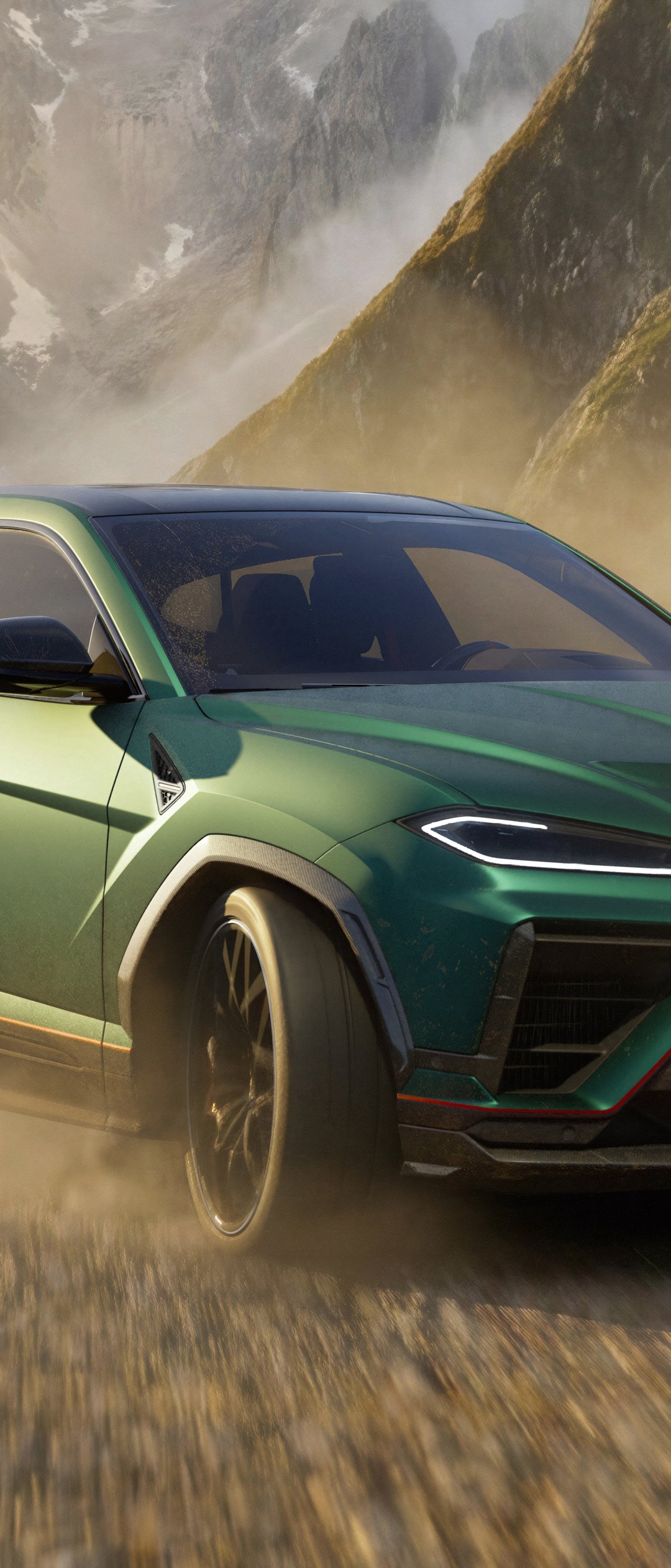 Зелёный Lamborghini Urus SE в горах - Обои для Samsung Galaxy Z Flip7, Sony Xperia 5 II/5 III/5 V/10 IV/10 V, Xiaomi Mix Fold 3 в разрешении 1080x2520