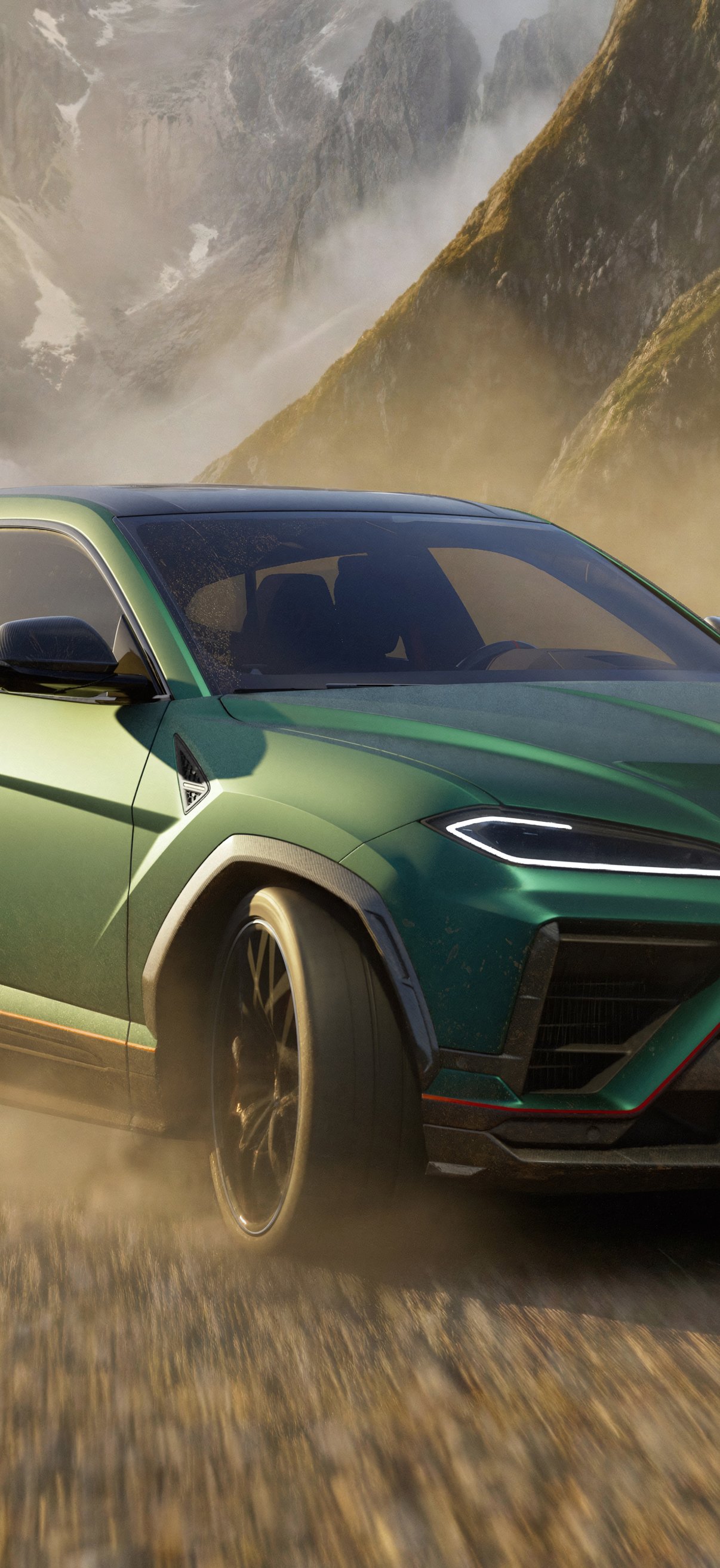 Зелёный Lamborghini Urus SE в горах - Обои для iPhone 17 Pro/17/16 Pro в разрешении 1206x2622