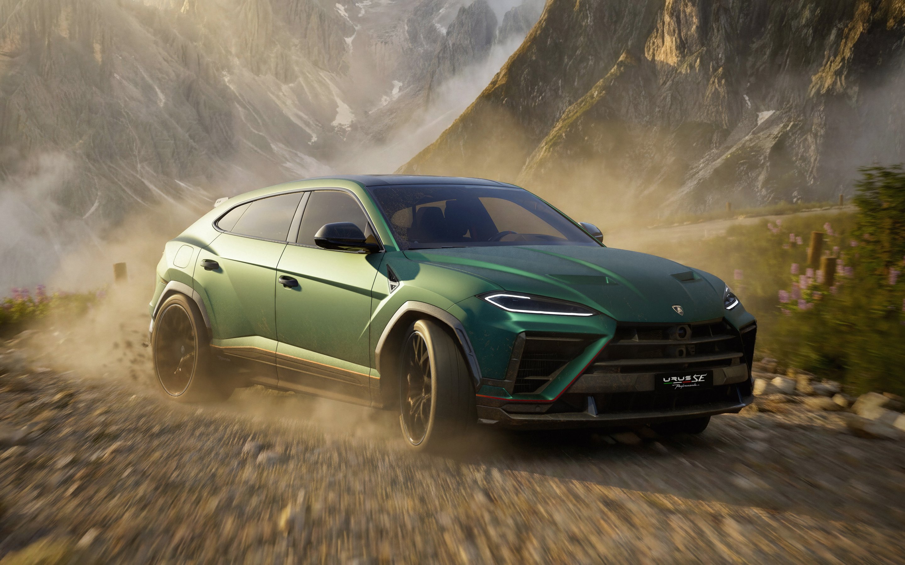Green Lamborghini Urus SE on Road - Wallpapers for Apple MacBook 15″ in 2880x1800 resolution