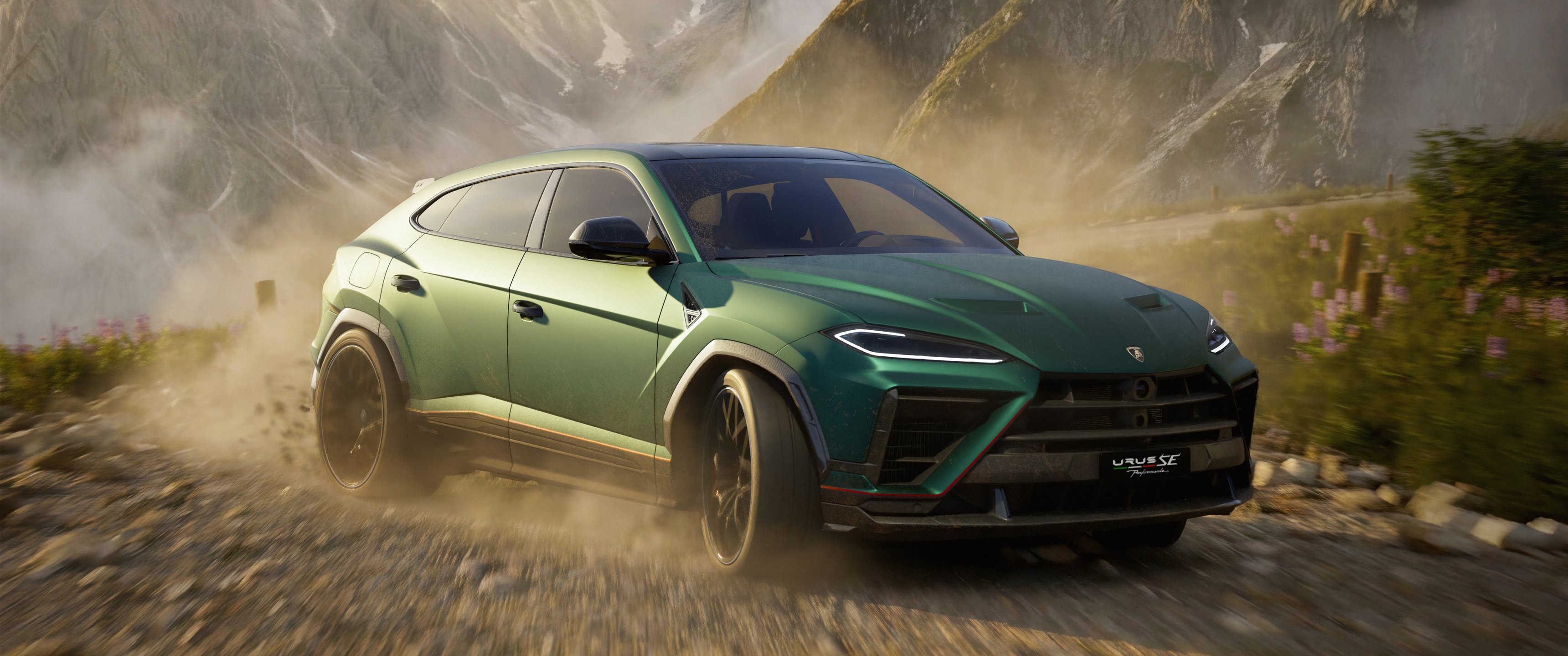 Зелёный Lamborghini Urus SE в горах - UltraWide 21:9 обои в разрешении 3440x1440