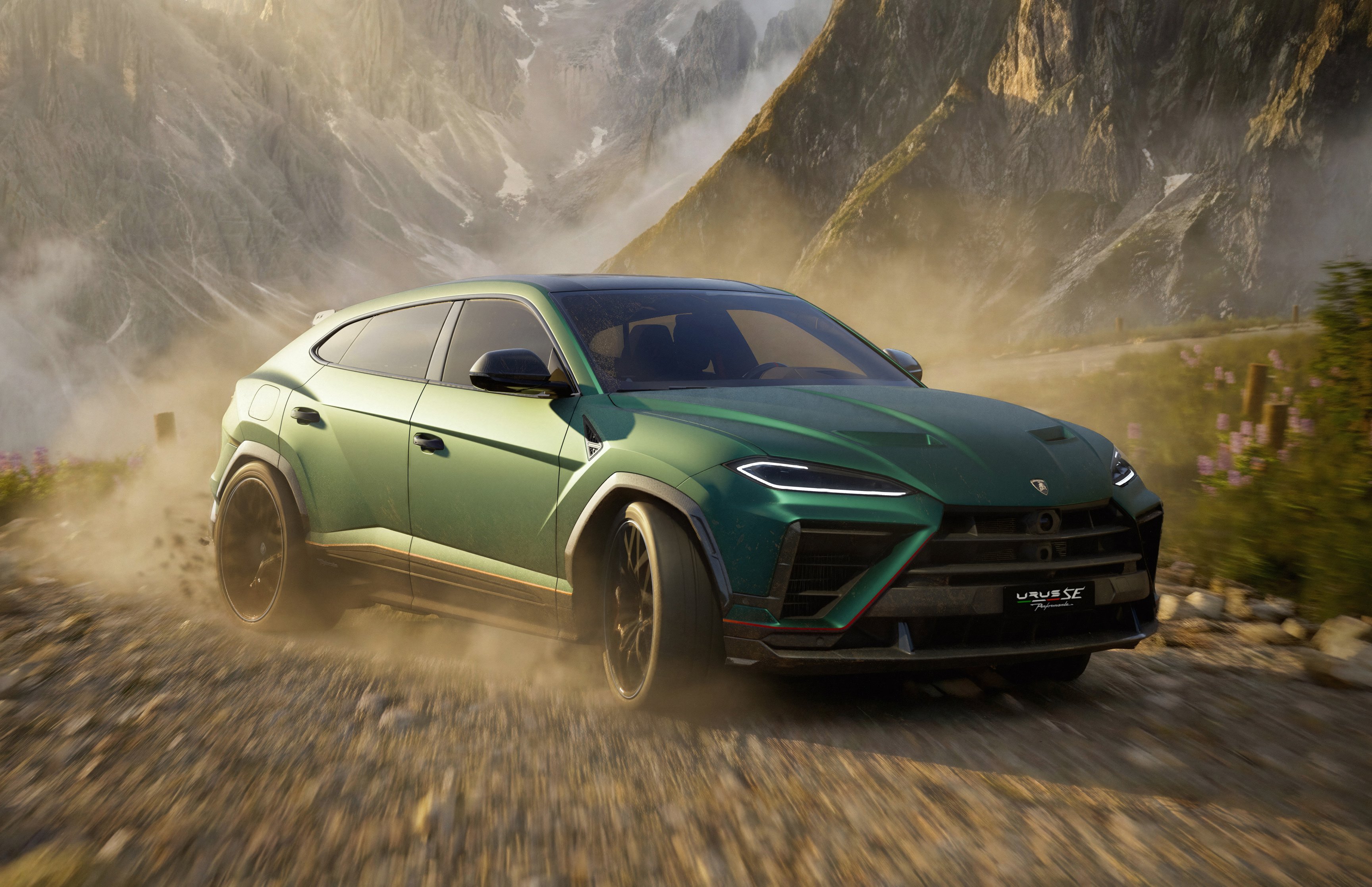 Green Lamborghini Urus SE on Road - Wallpapers for Apple MacBook 16.2″ in 3456x2234 resolution