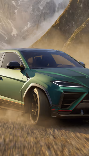 Обои машины: Lamborghini Urus SE, горы, долина, дорога