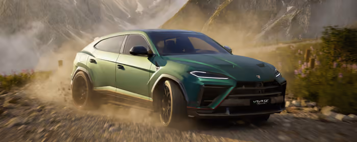 UltraWide 32:9 обои производительность (3840x1080): Lamborghini Urus SE, горы, долина, дорога
