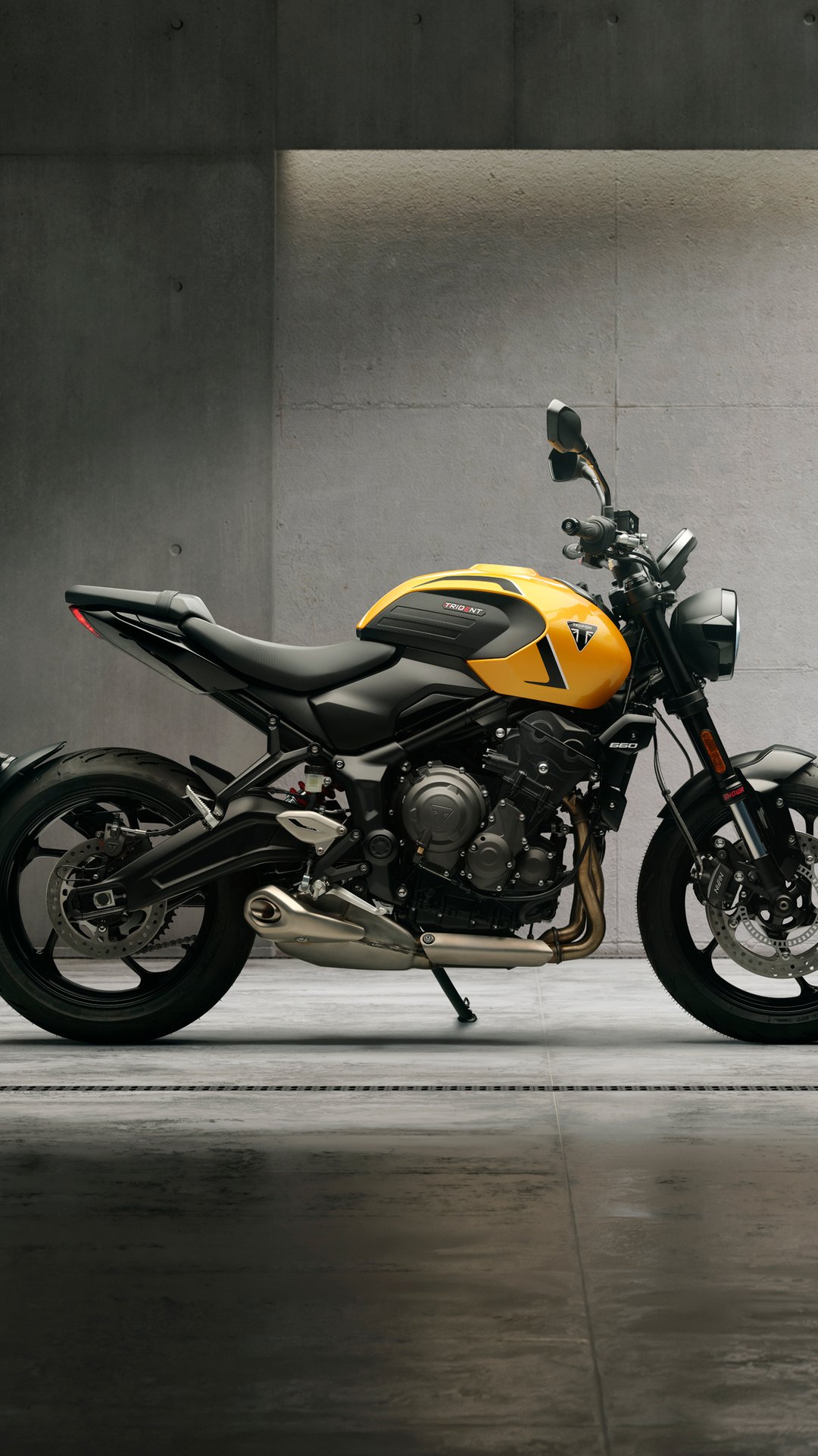 Triumph Trident 660 motorcycle in the garage - Wallpapers for Samsung, Honor, Sony in 1080x1920 resolution