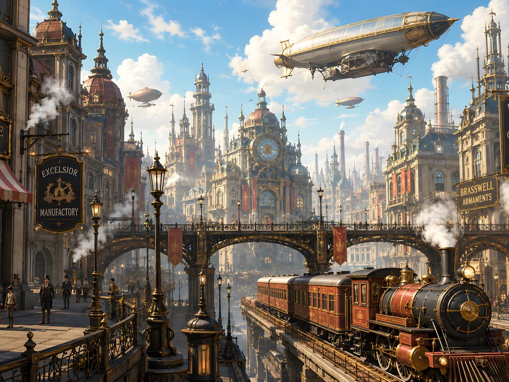 Steampunk city with steam locomotive and airship - XVGA wallpapers in 1024x768 resolution