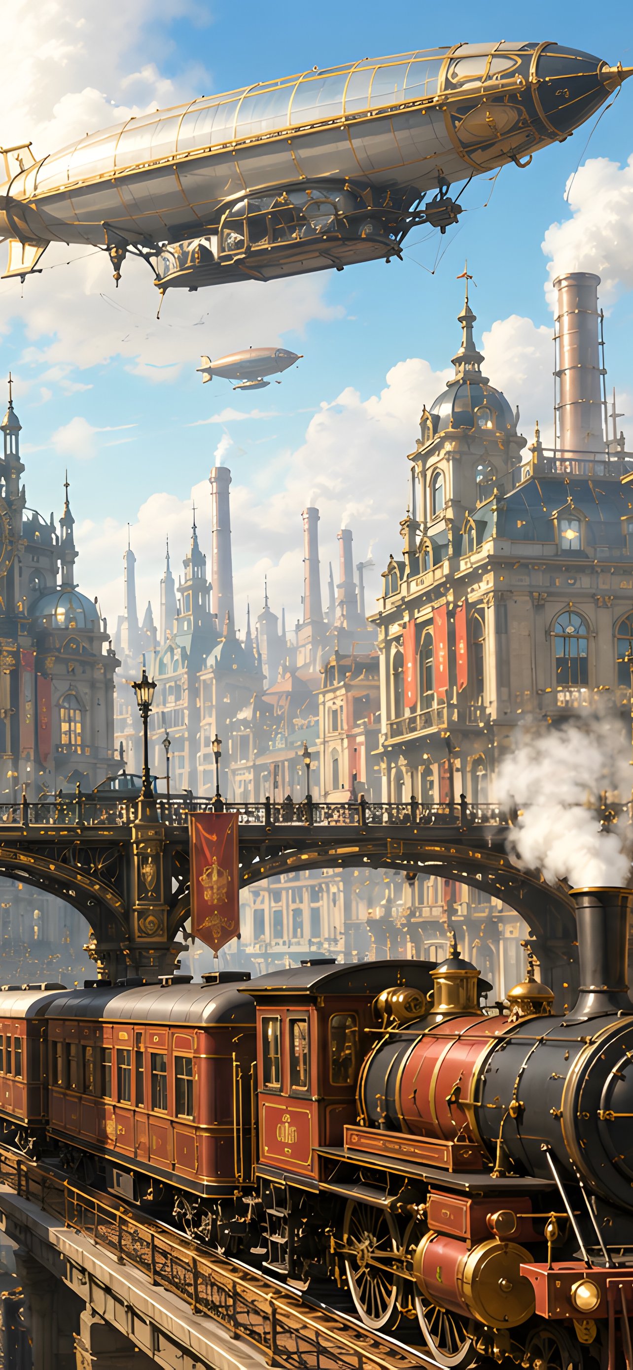 Steampunk city with steam locomotive and airship - Wallpapers for iPhone 13 Pro Max/12 Pro Max/14 Plus in 1284x2778 resolution
