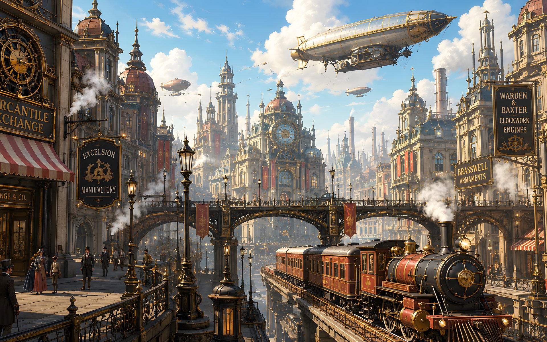 Steampunk city with steam locomotive and airship - WUXGA wallpapers in 1920x1200 resolution