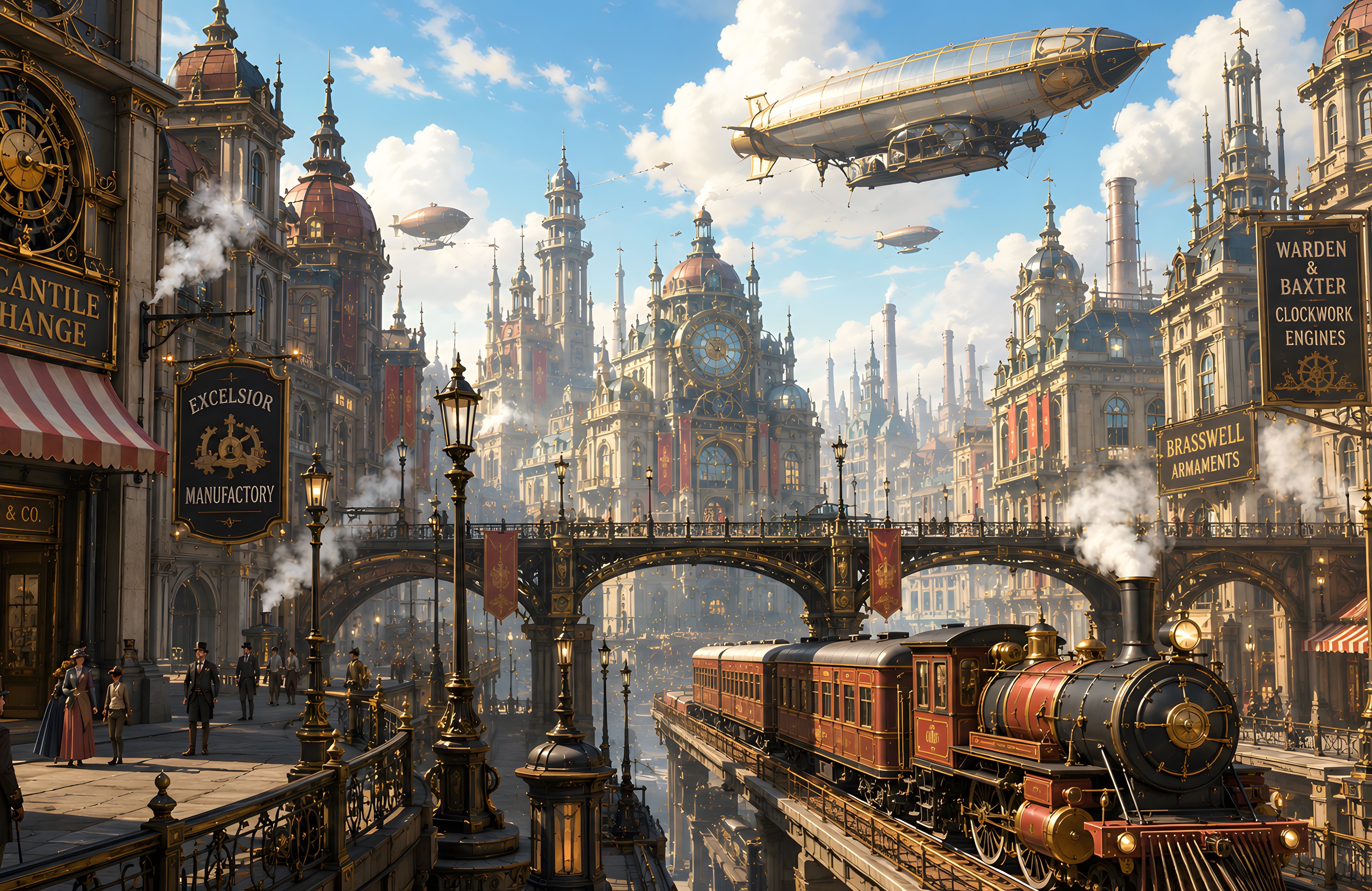 Steampunk city with steam locomotive and airship - Wallpapers for Apple MacBook 14.2″ in 3024x1964 resolution