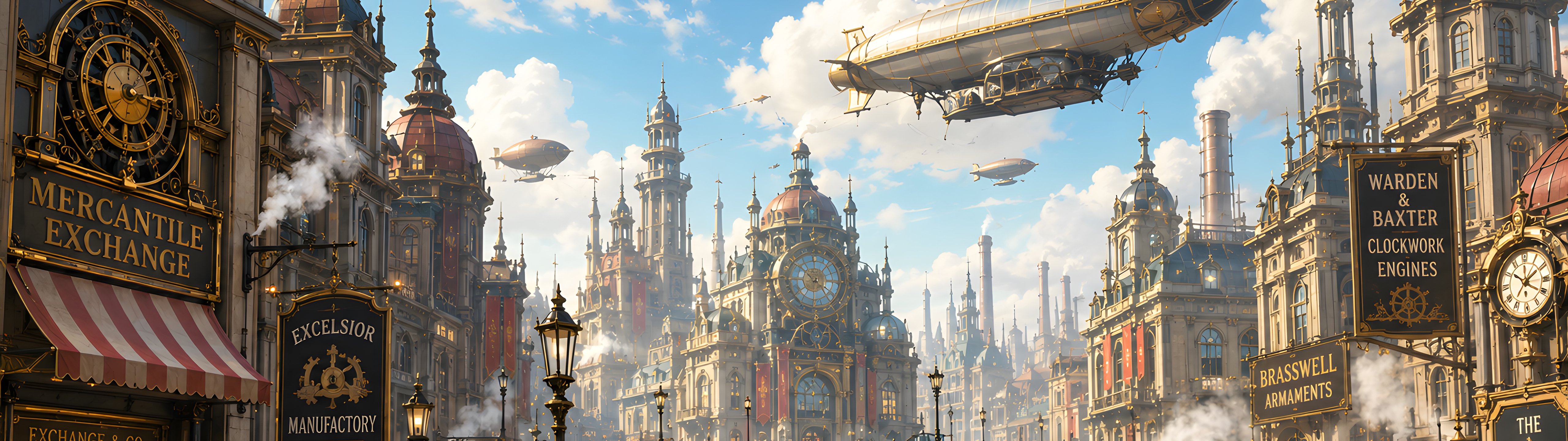 Steampunk city with steam locomotive and airship - UltraWide 32:9 wallpapers in 5120x1440 resolution
